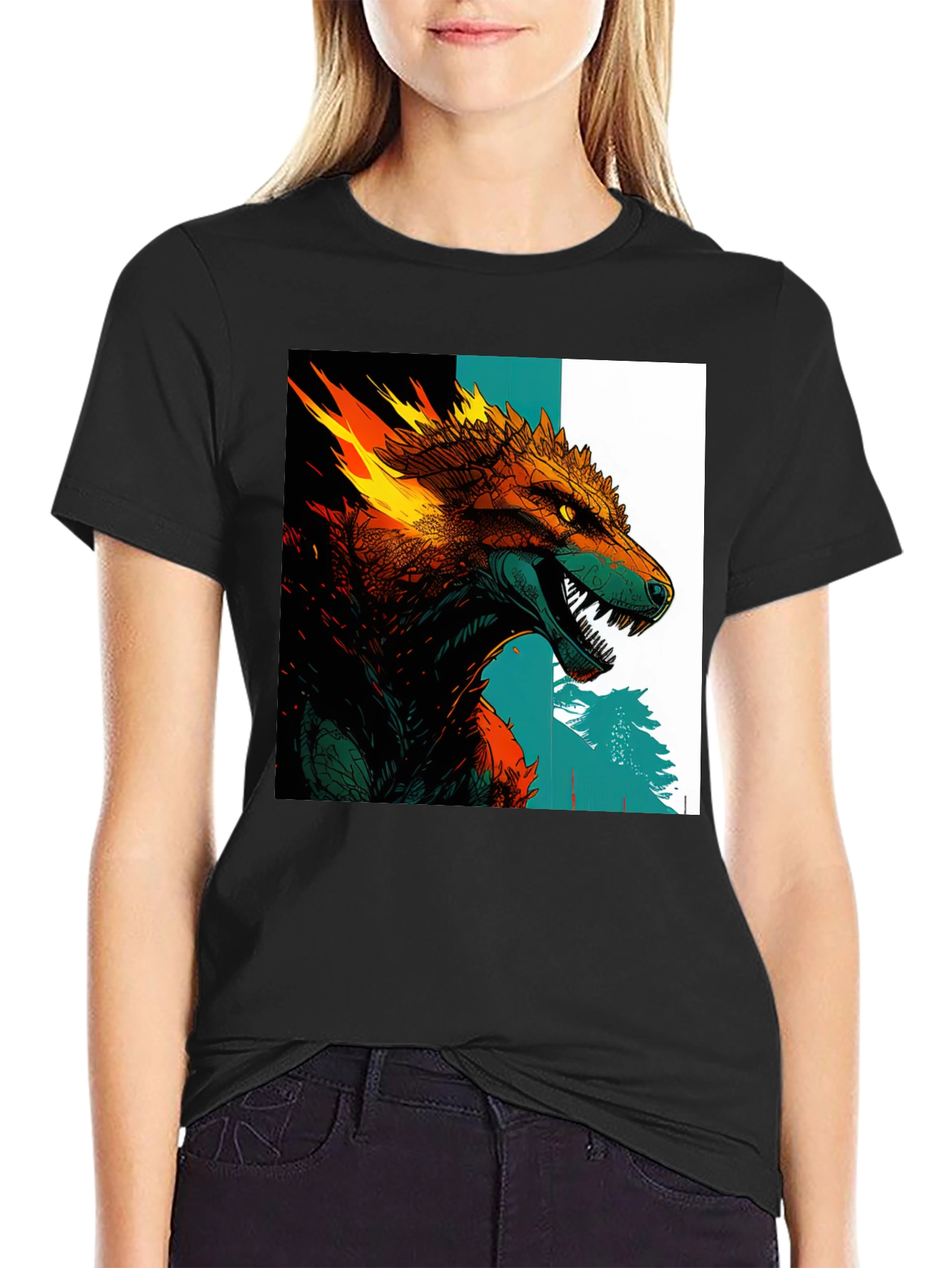 Fiery Wolf Graphic Print Black T-Shirt