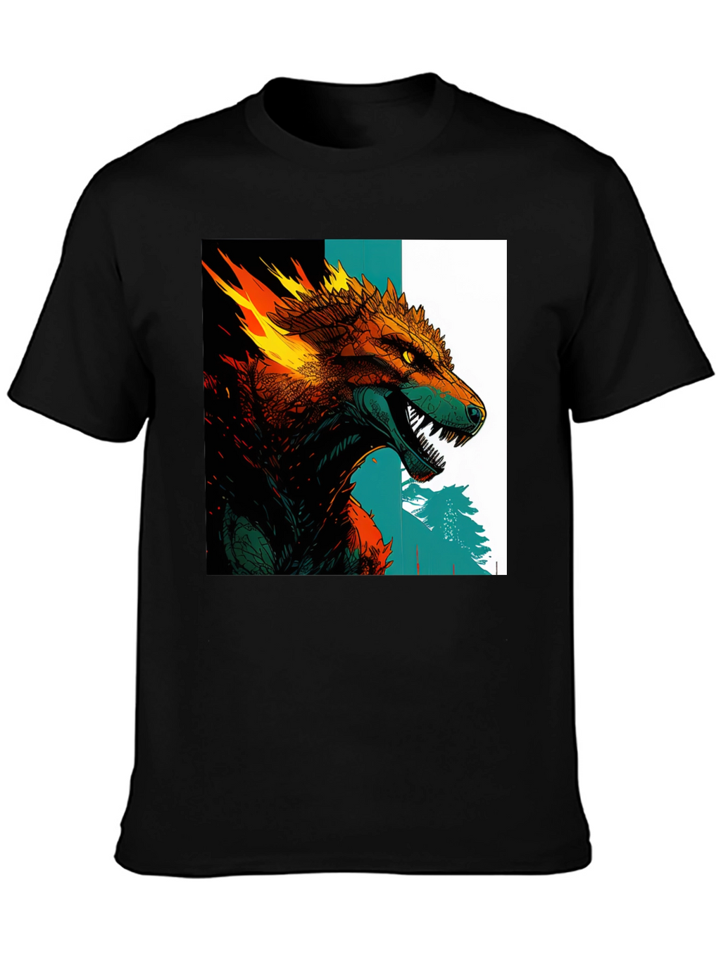 Fiery Wolf Graphic Print Black T-Shirt