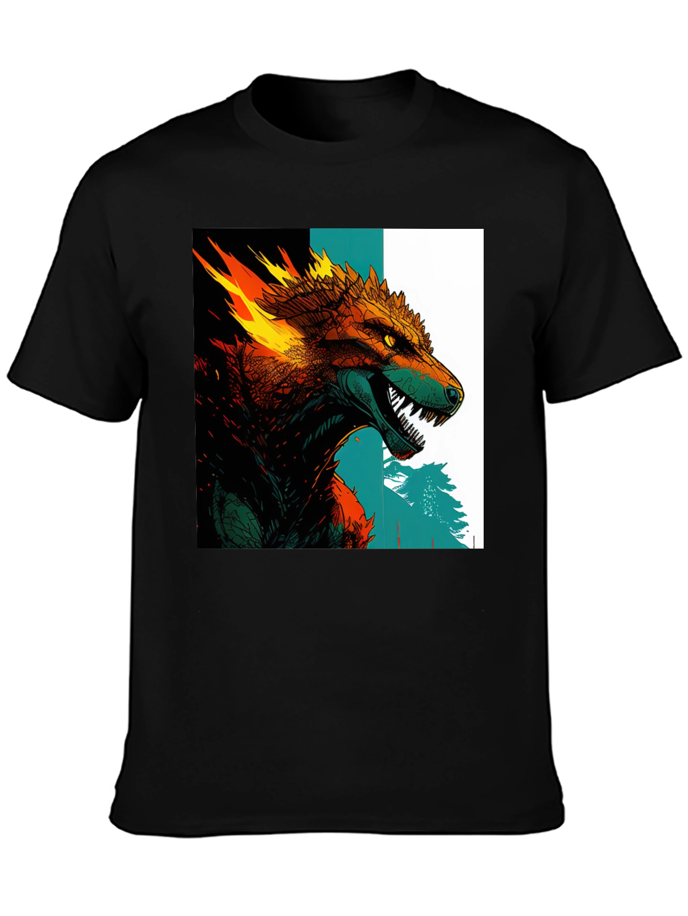 Fiery Wolf Graphic Print Black T-Shirt