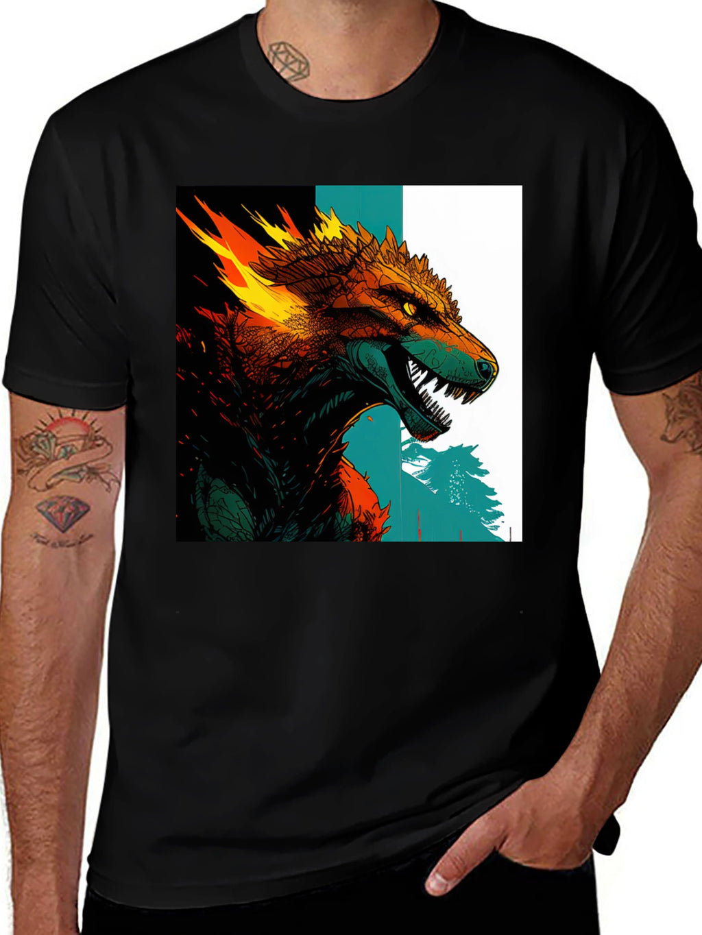 Fiery Wolf Graphic Print Black T-Shirt
