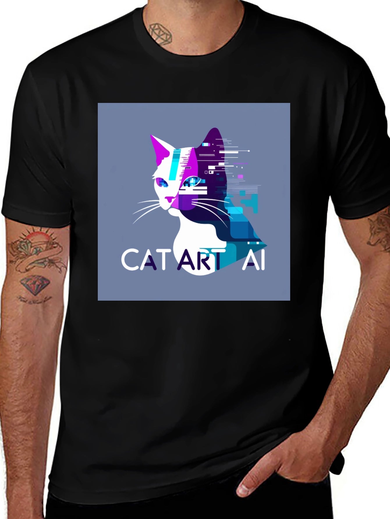 Cat Art AI Graphic Black T-Shirt