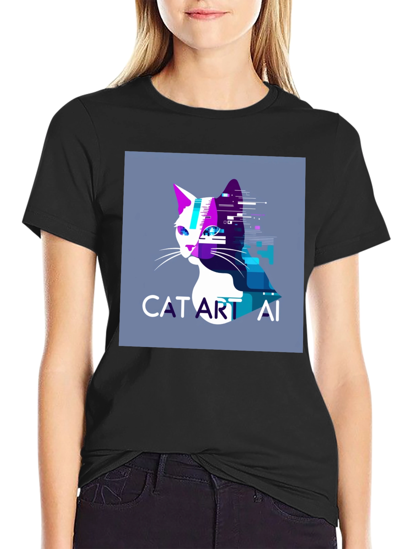 Cat Art AI Graphic Black T-Shirt