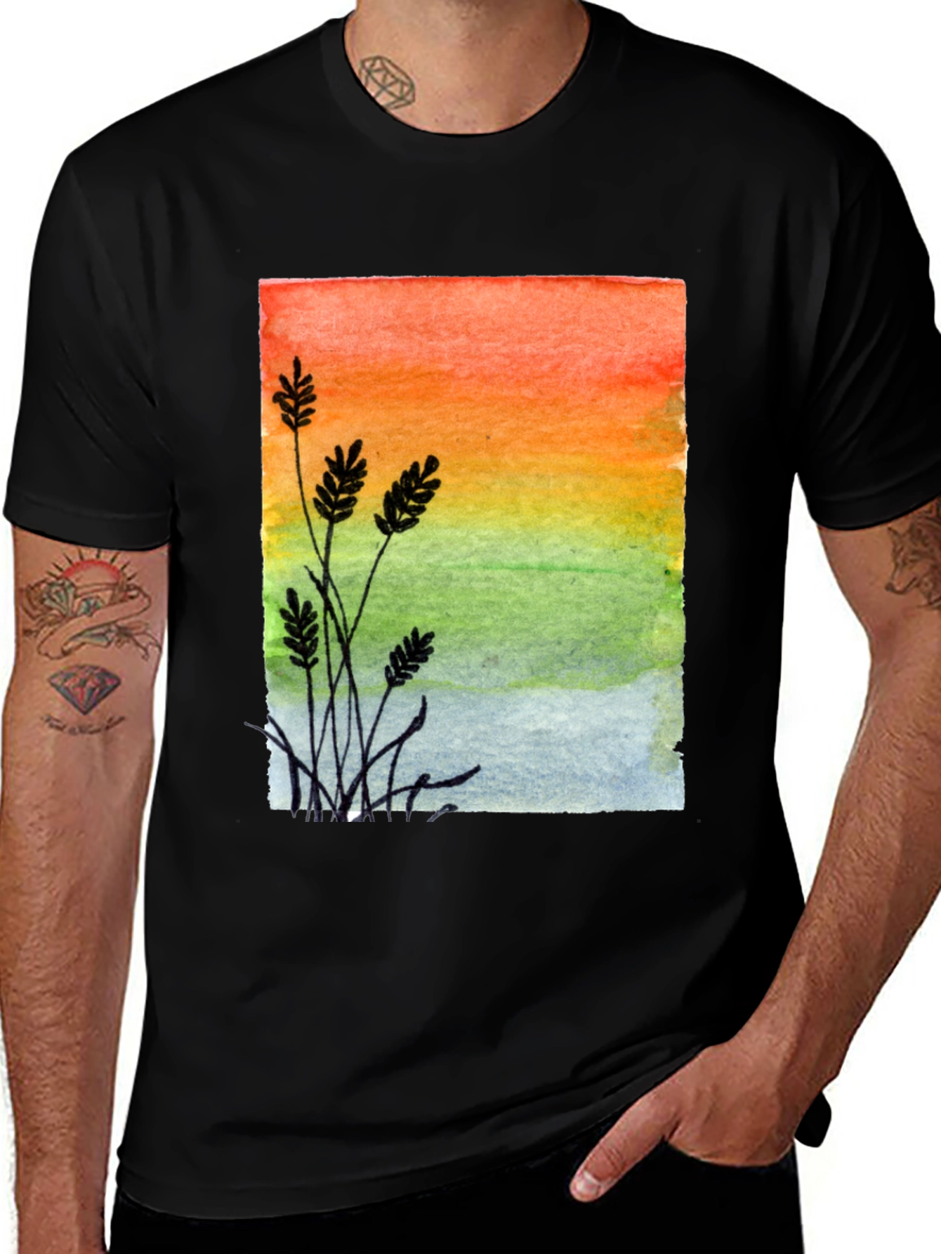 Watercolor Sunrise Graphic Tee - Stylish Mens Black T-Shirt