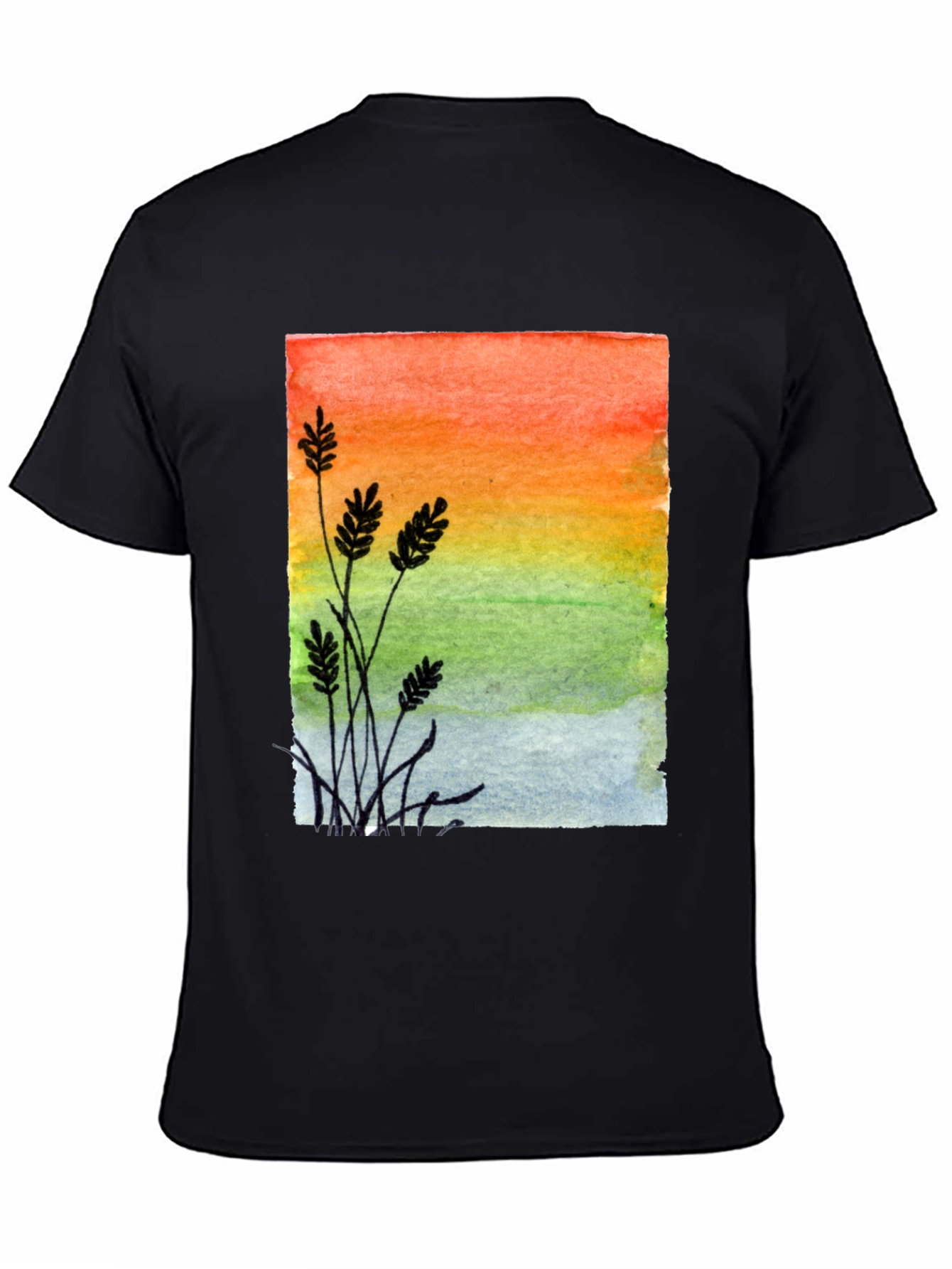 Watercolor Sunrise Graphic Tee - Stylish Mens Black T-Shirt