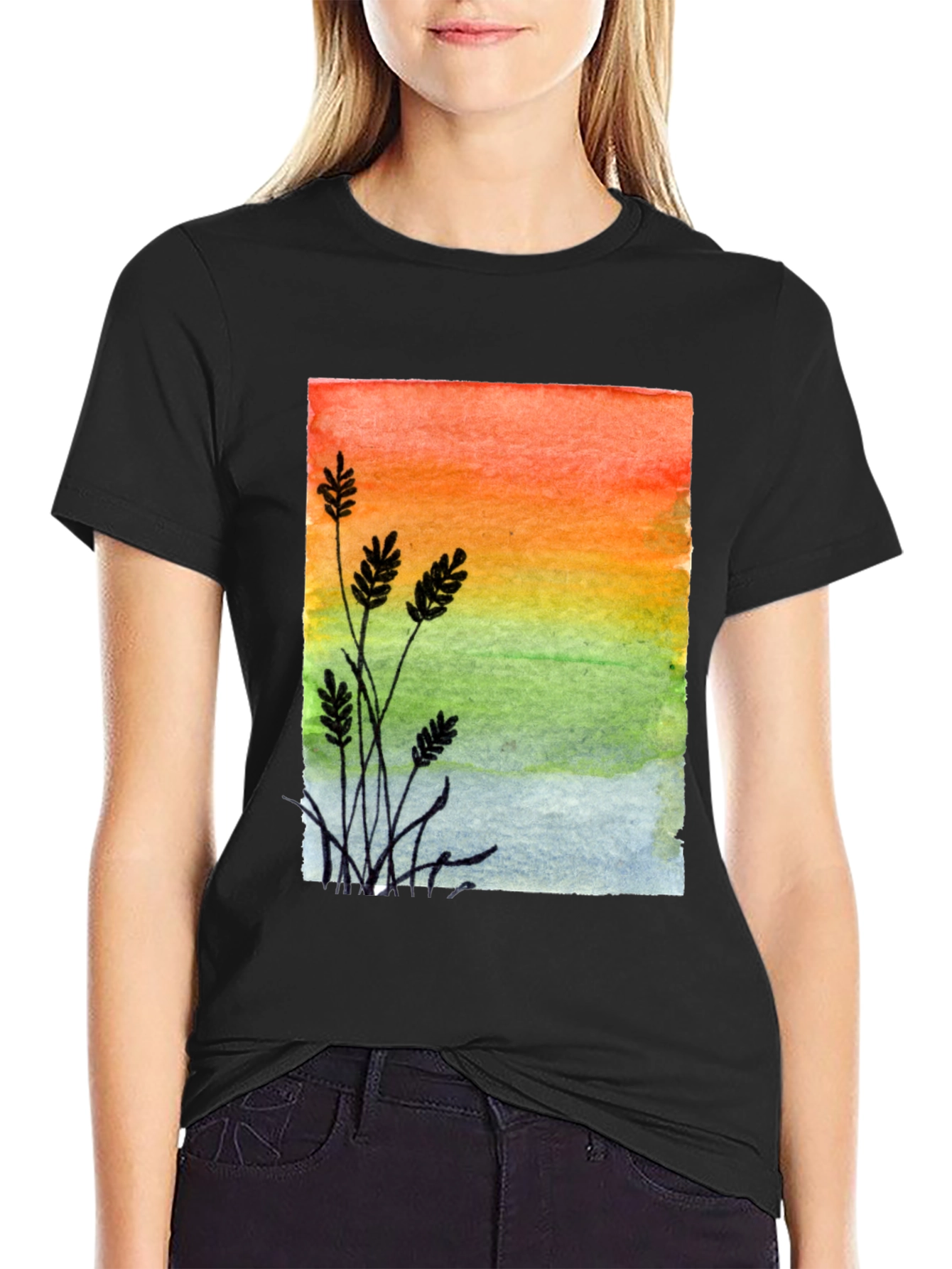 Watercolor Sunrise Graphic Tee - Stylish Mens Black T-Shirt