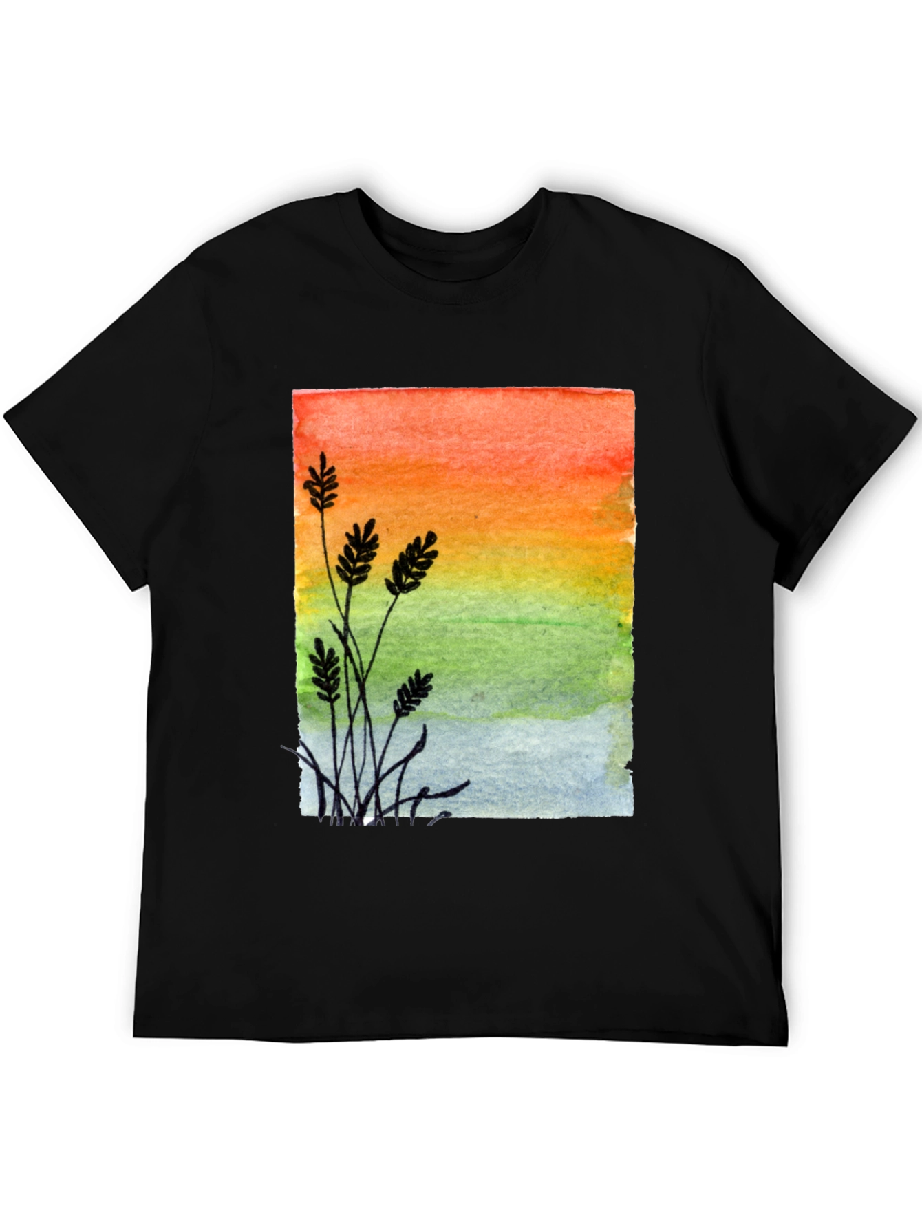 Watercolor Sunrise Graphic Tee - Stylish Mens Black T-Shirt