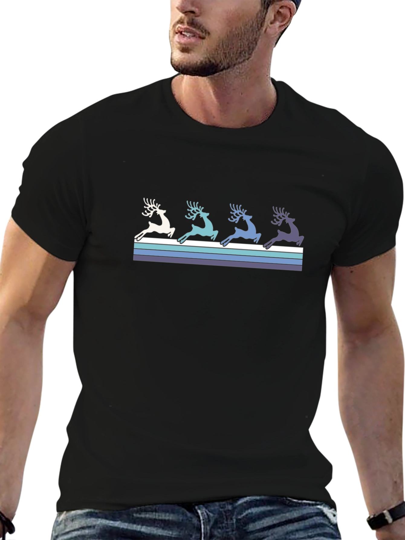 Retro Reindeer Graphic Tee - Black Cotton T-Shirt