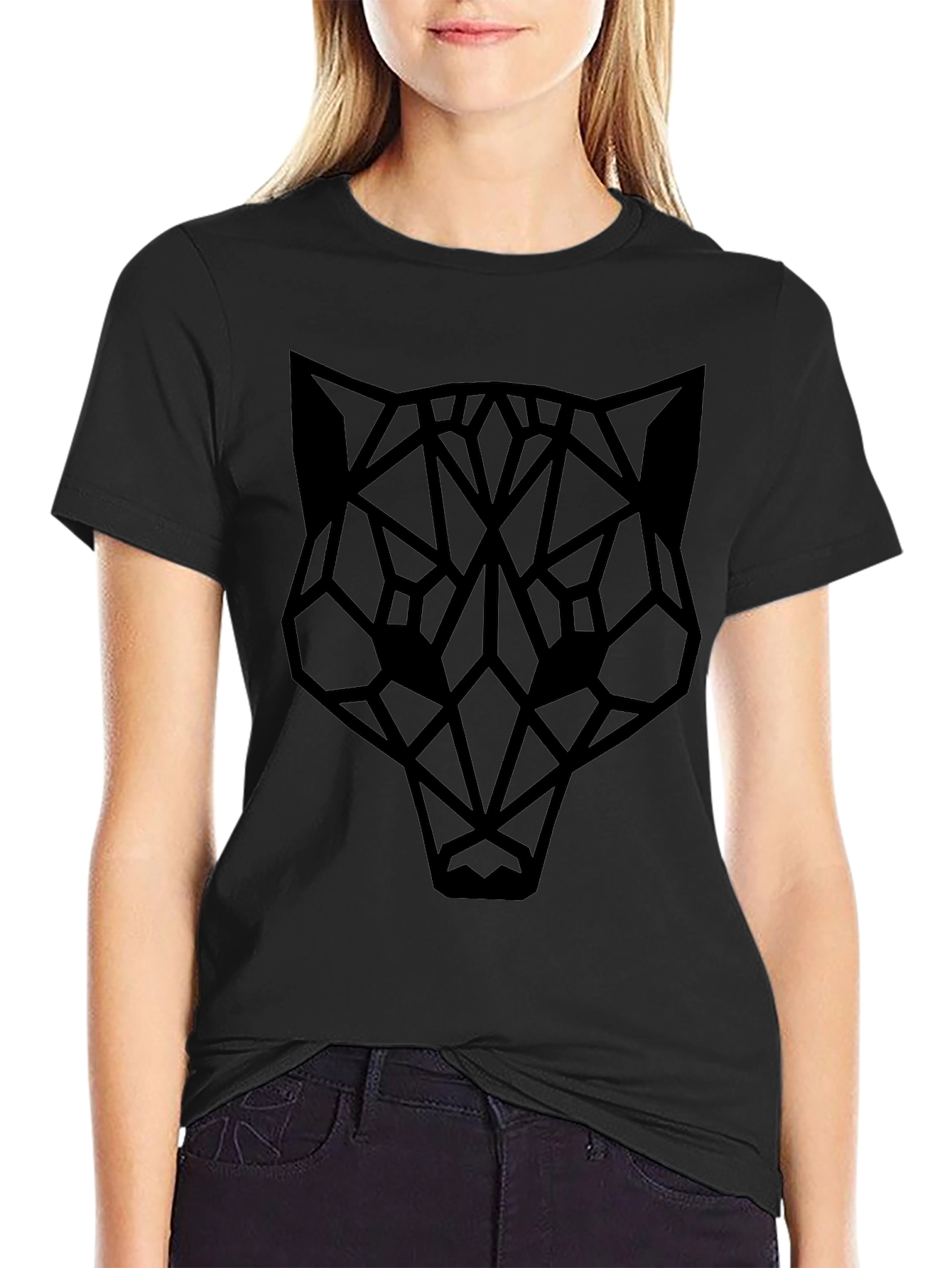 Geometric Cat Head Black T-Shirt - Modern Minimalist Design
