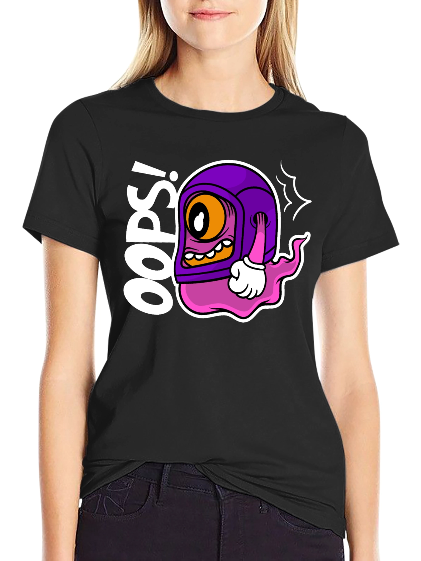 Oops! Cartoon Character Black T-Shirt