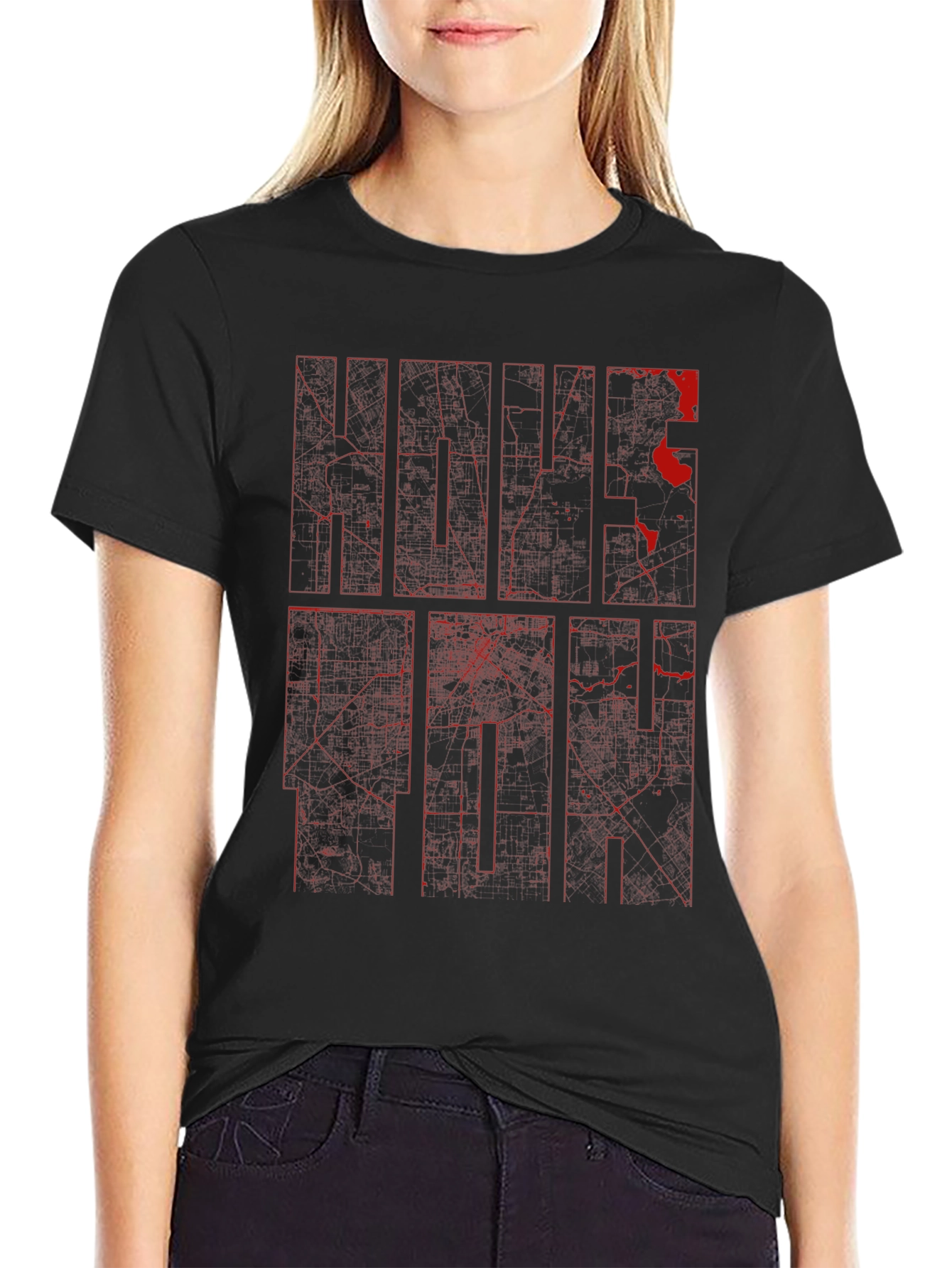 Black Graphic Tee - Red Ink City Map Design