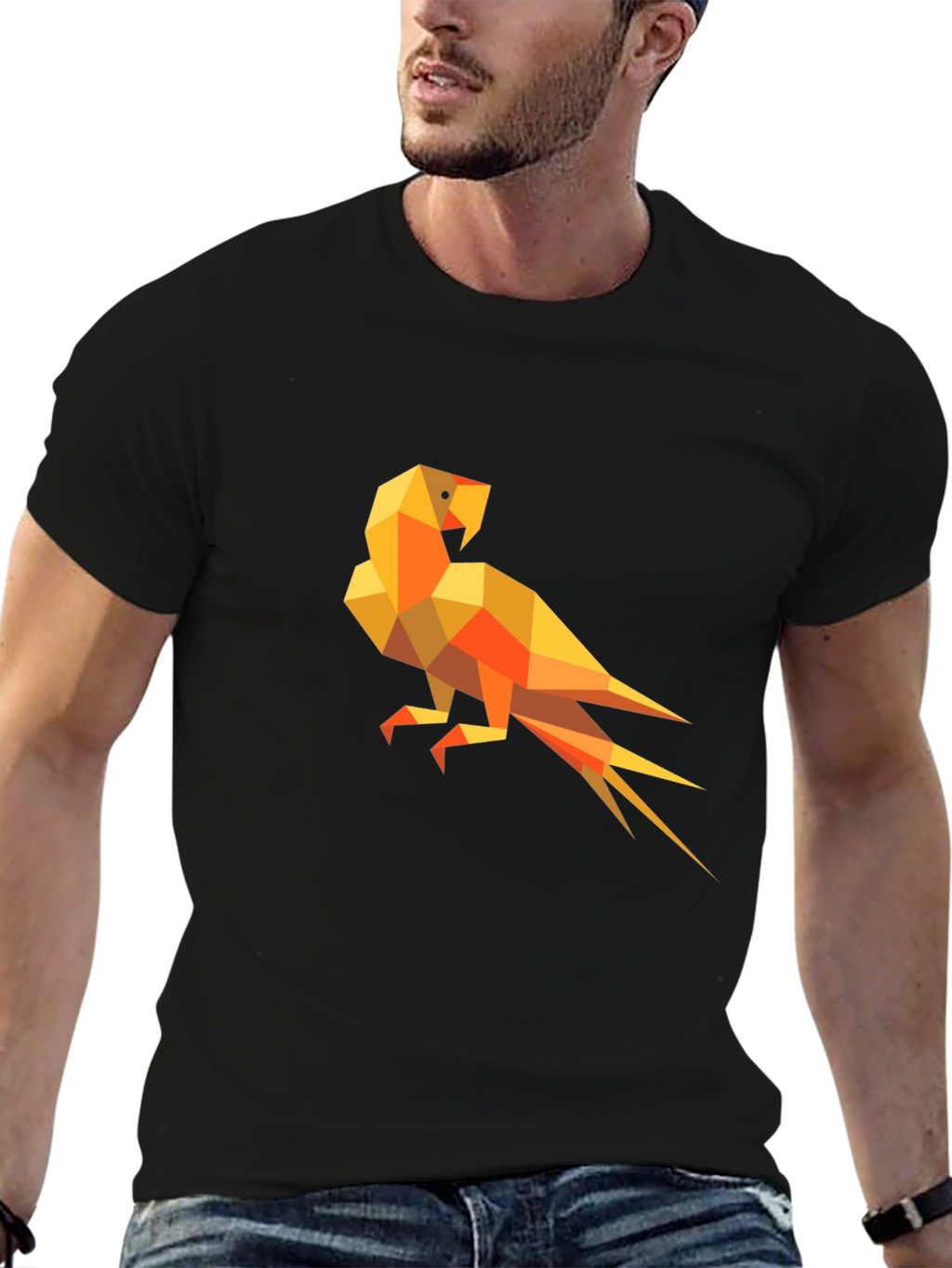 Geometric Parrot Graphic Tee - Modern Mens Black T-Shirt