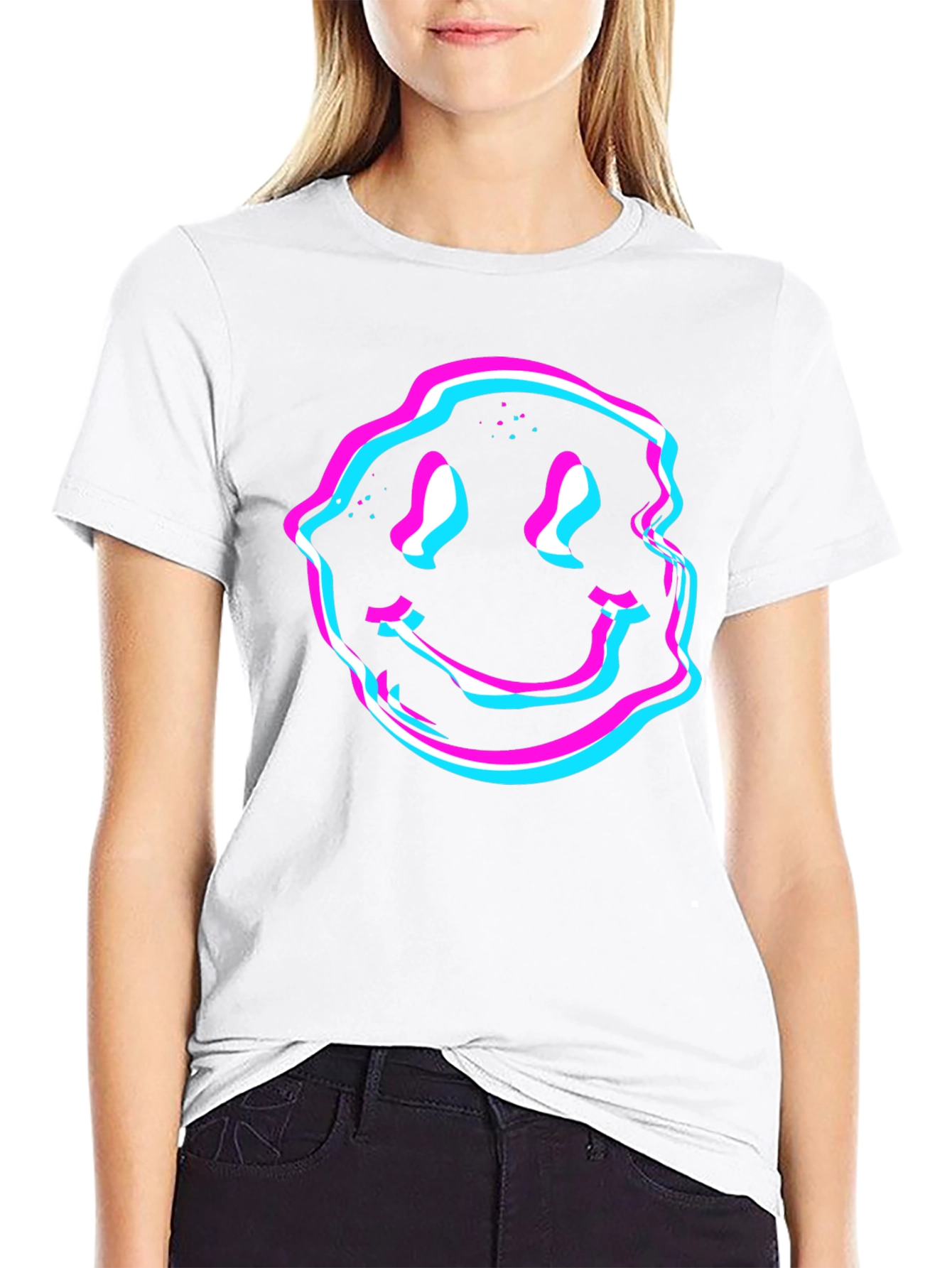 Glitch Smiley Face Graphic Tee - Black