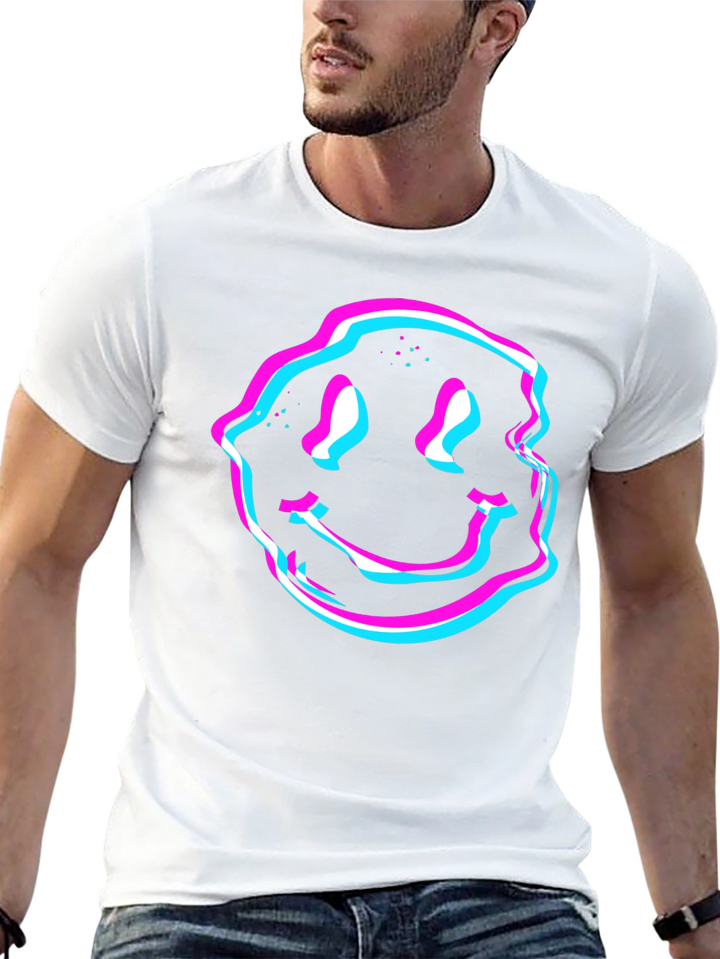 Glitch Smiley Face Graphic Tee - Black