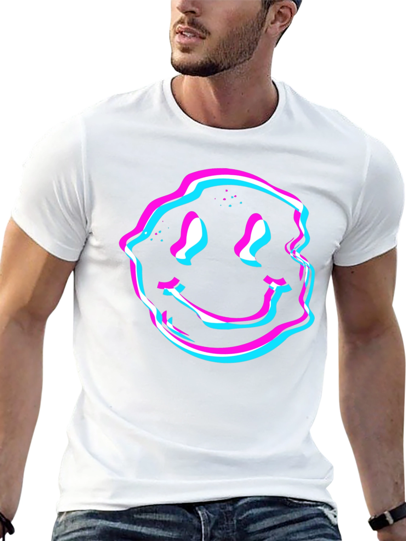 Glitch Smiley Face Graphic Tee - Black