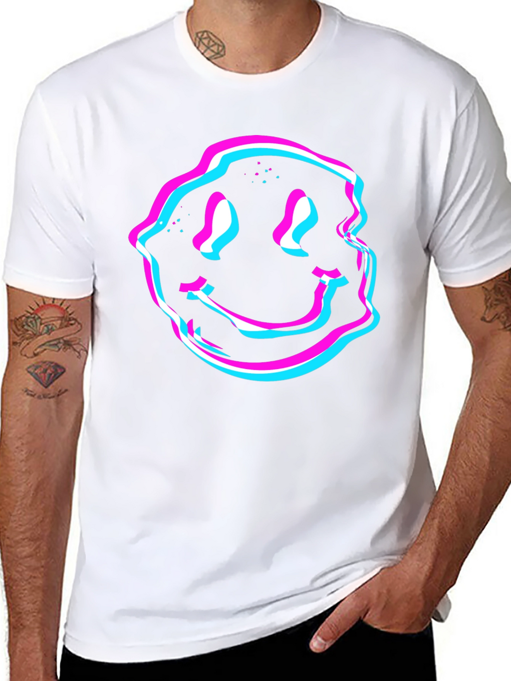 Glitch Smiley Face Graphic Tee - Black