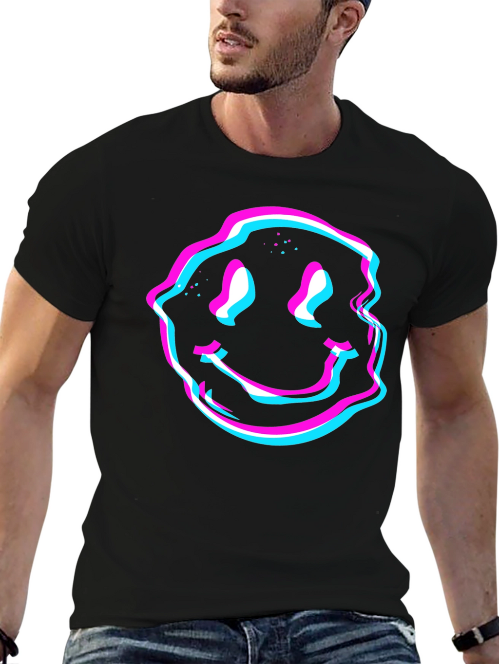 Glitch Smiley Face Graphic Tee - Black