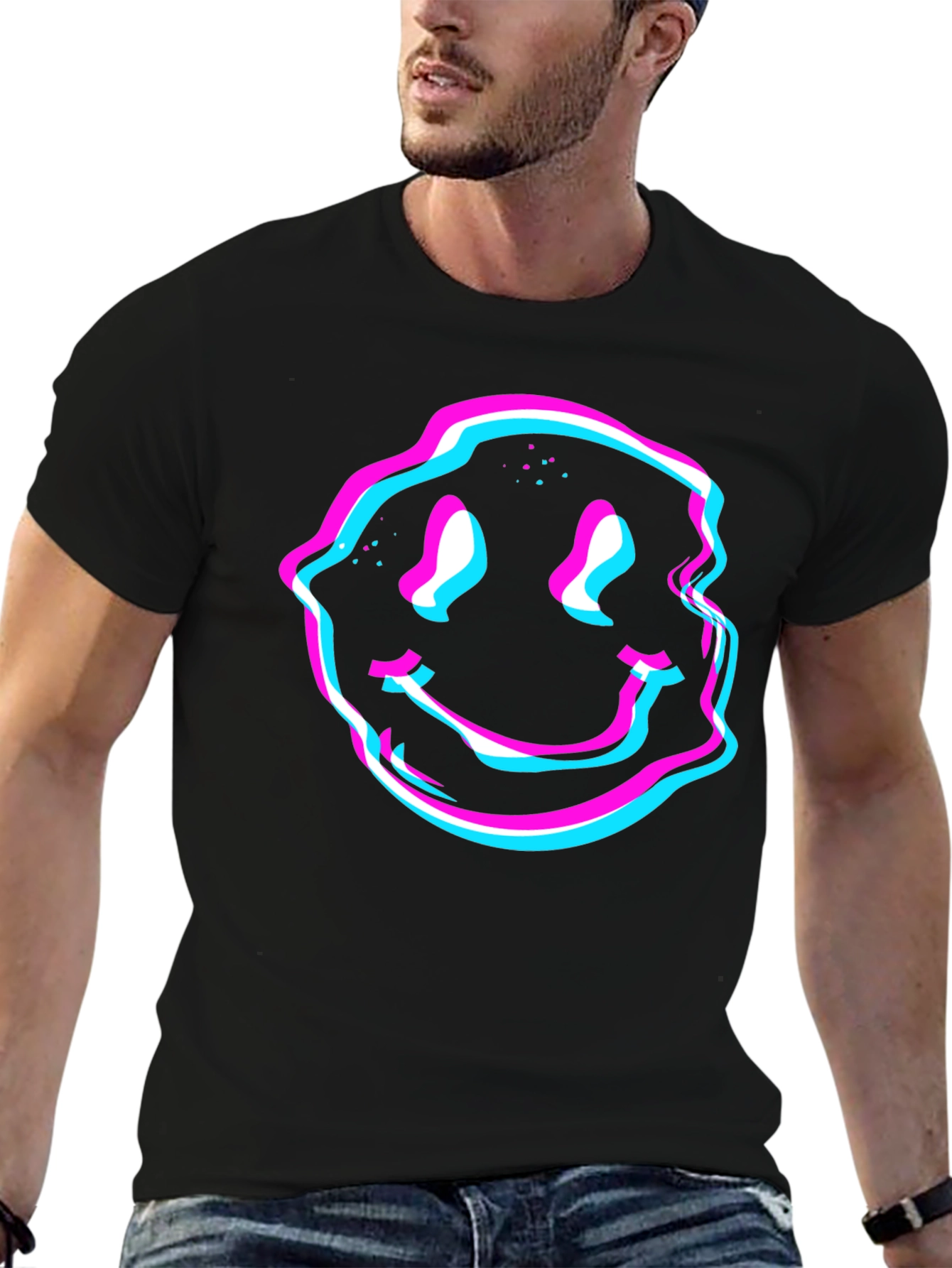 Glitch Smiley Face Graphic Tee - Black