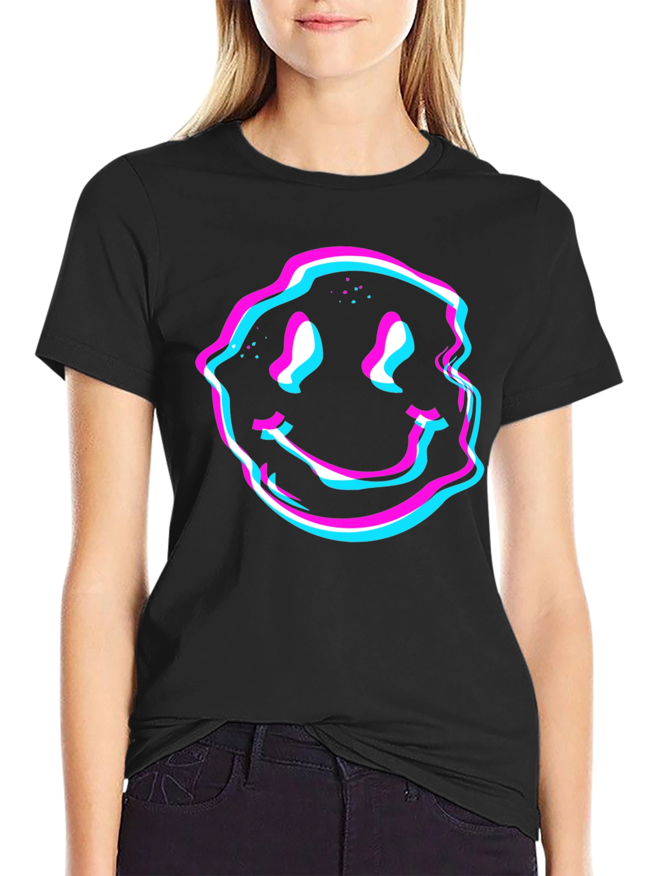 Glitch Smiley Face Graphic Tee - Black
