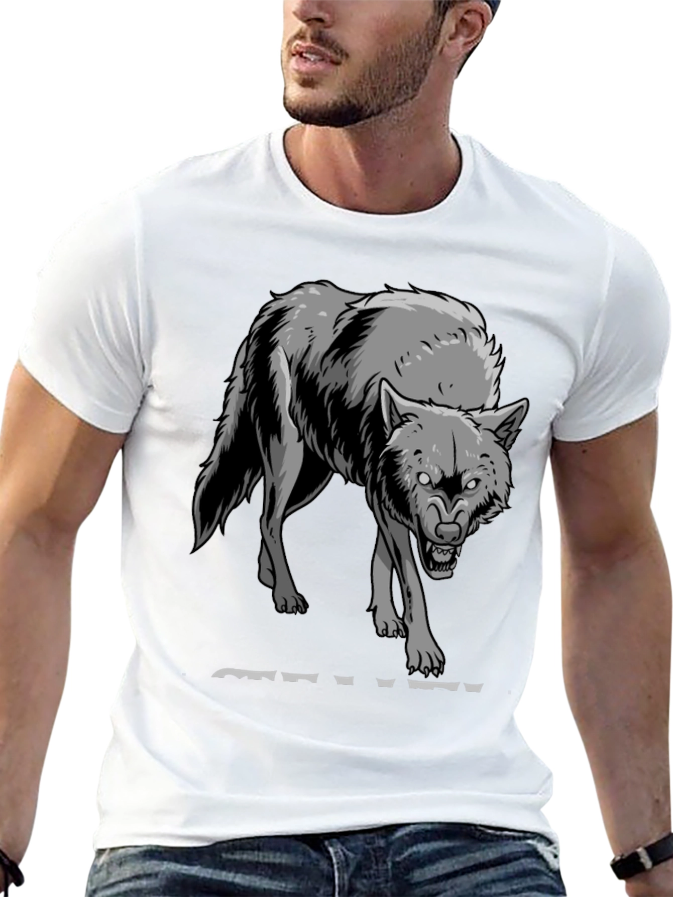 Mens Black T-Shirt with Wolf Graphic