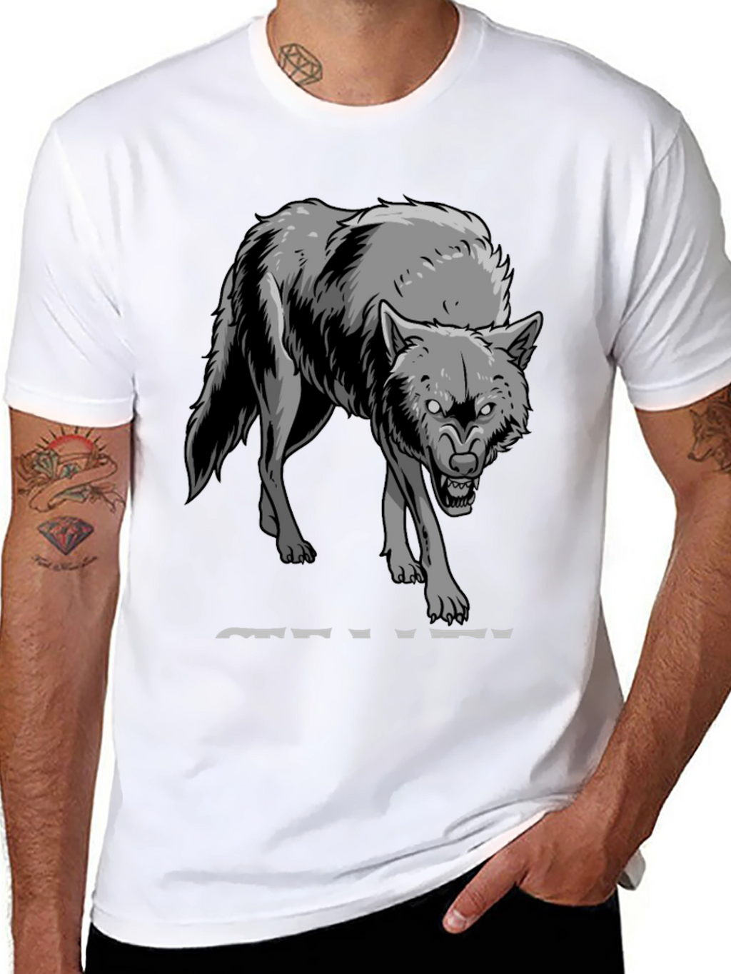 Mens Black T-Shirt with Wolf Graphic