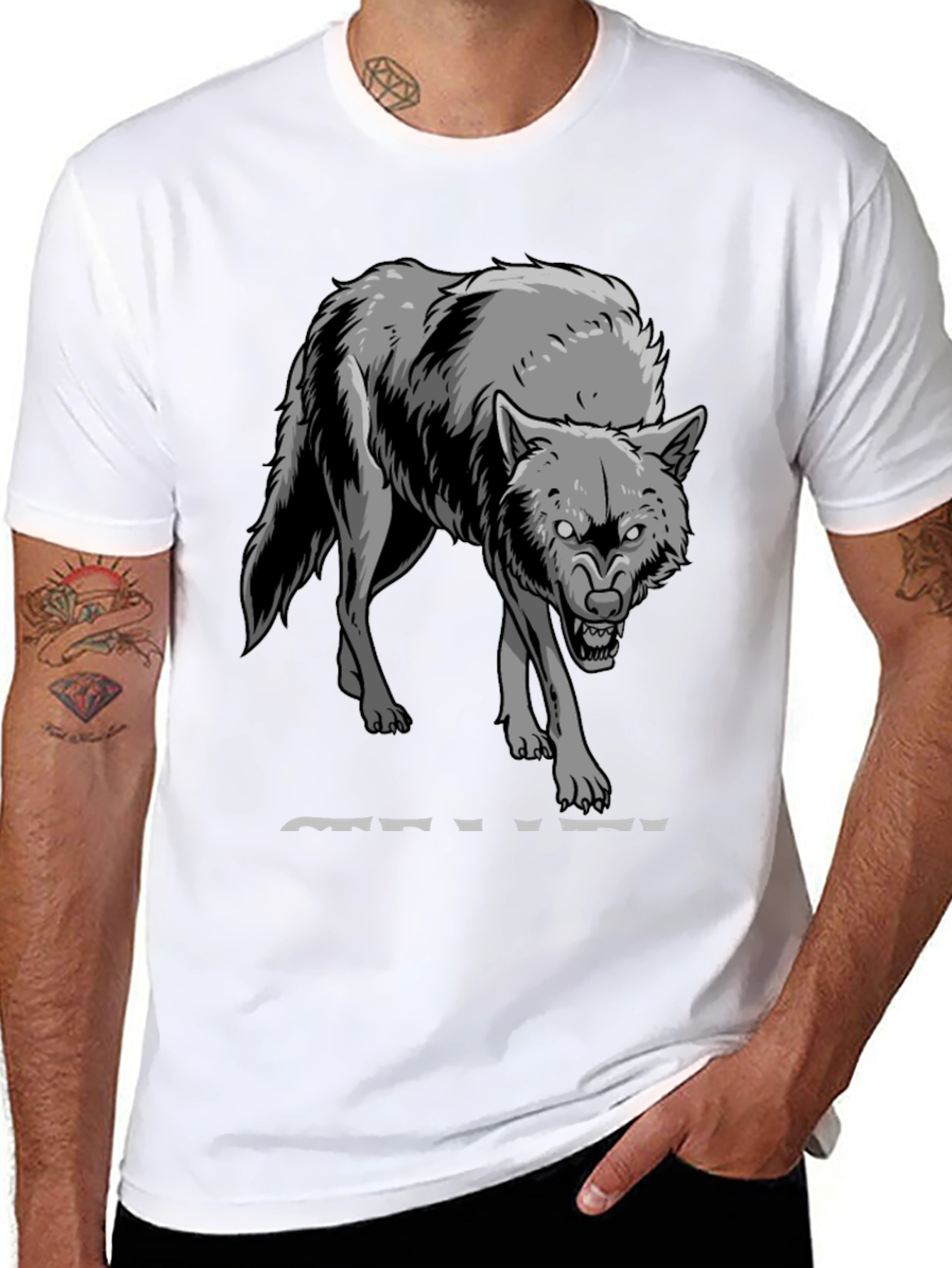 Mens Black T-Shirt with Wolf Graphic