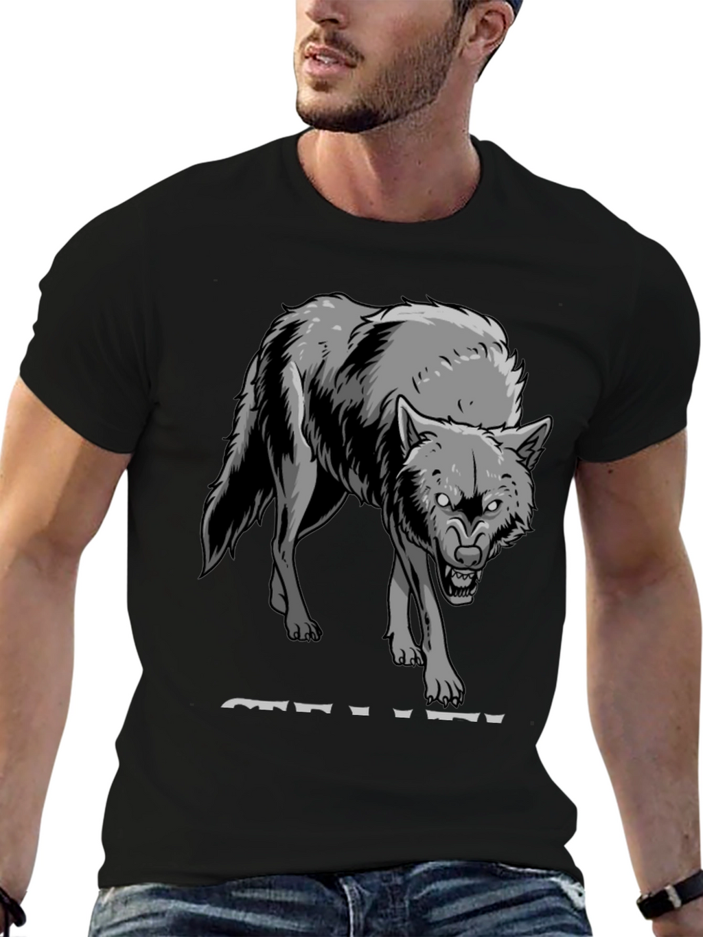 Mens Black T-Shirt with Wolf Graphic