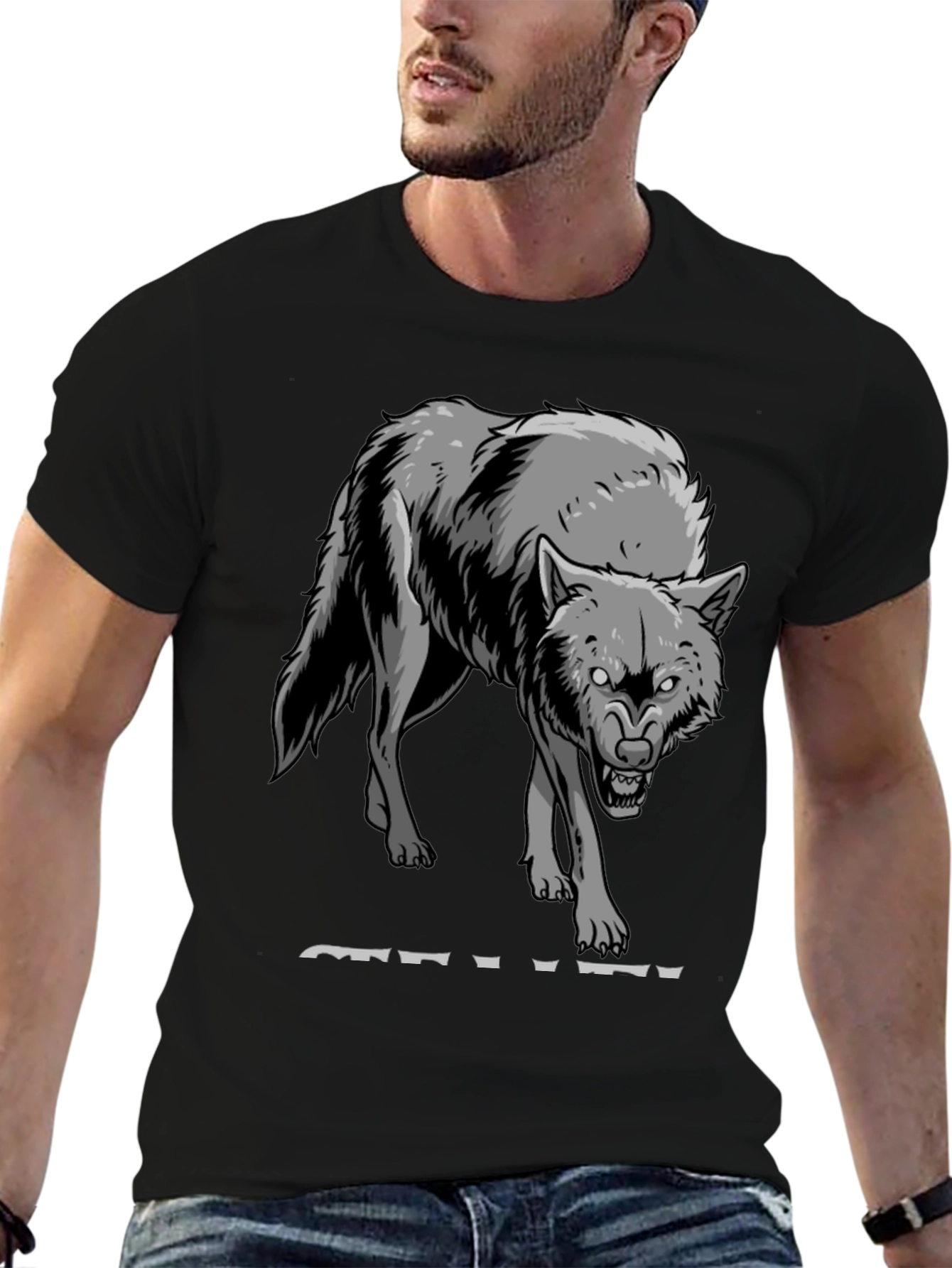Mens Black T-Shirt with Wolf Graphic