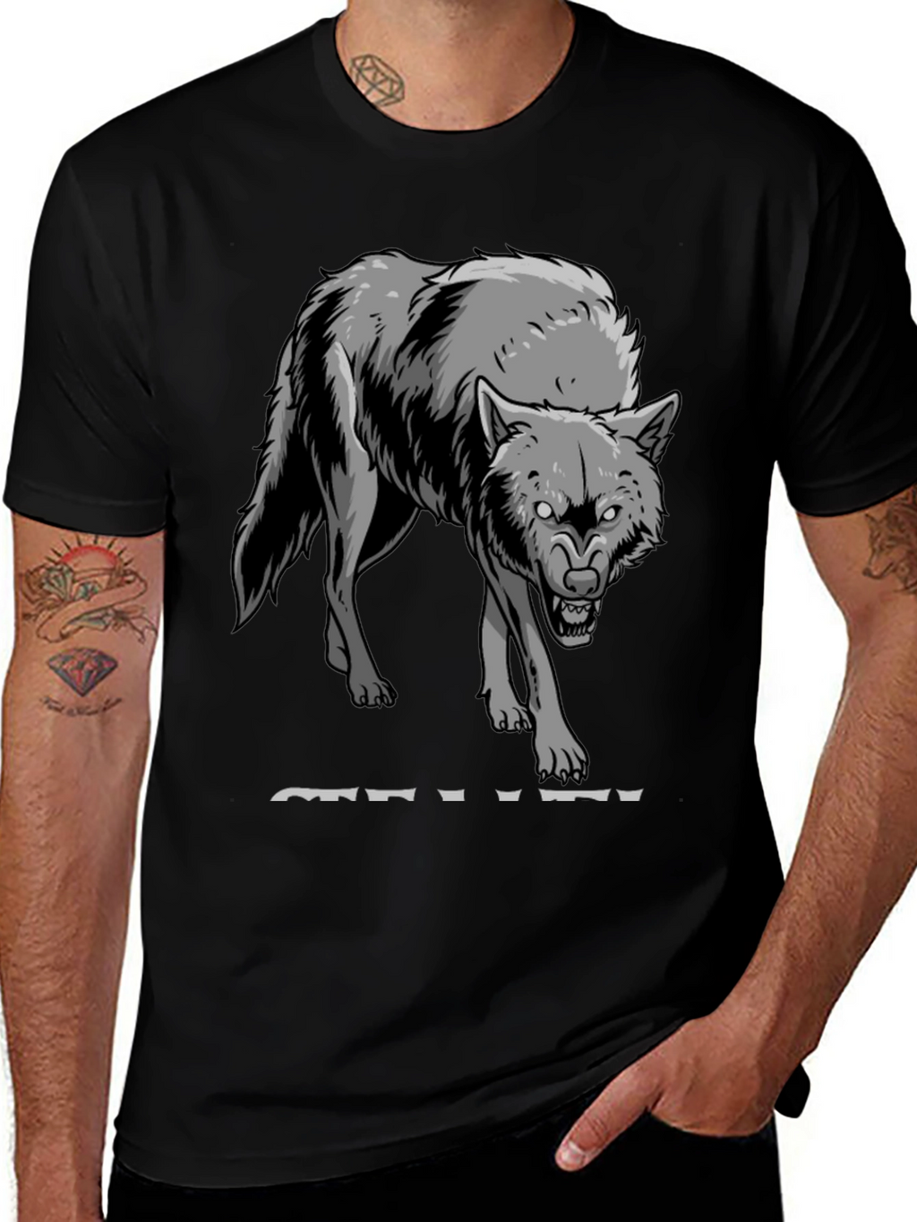 Mens Black T-Shirt with Wolf Graphic