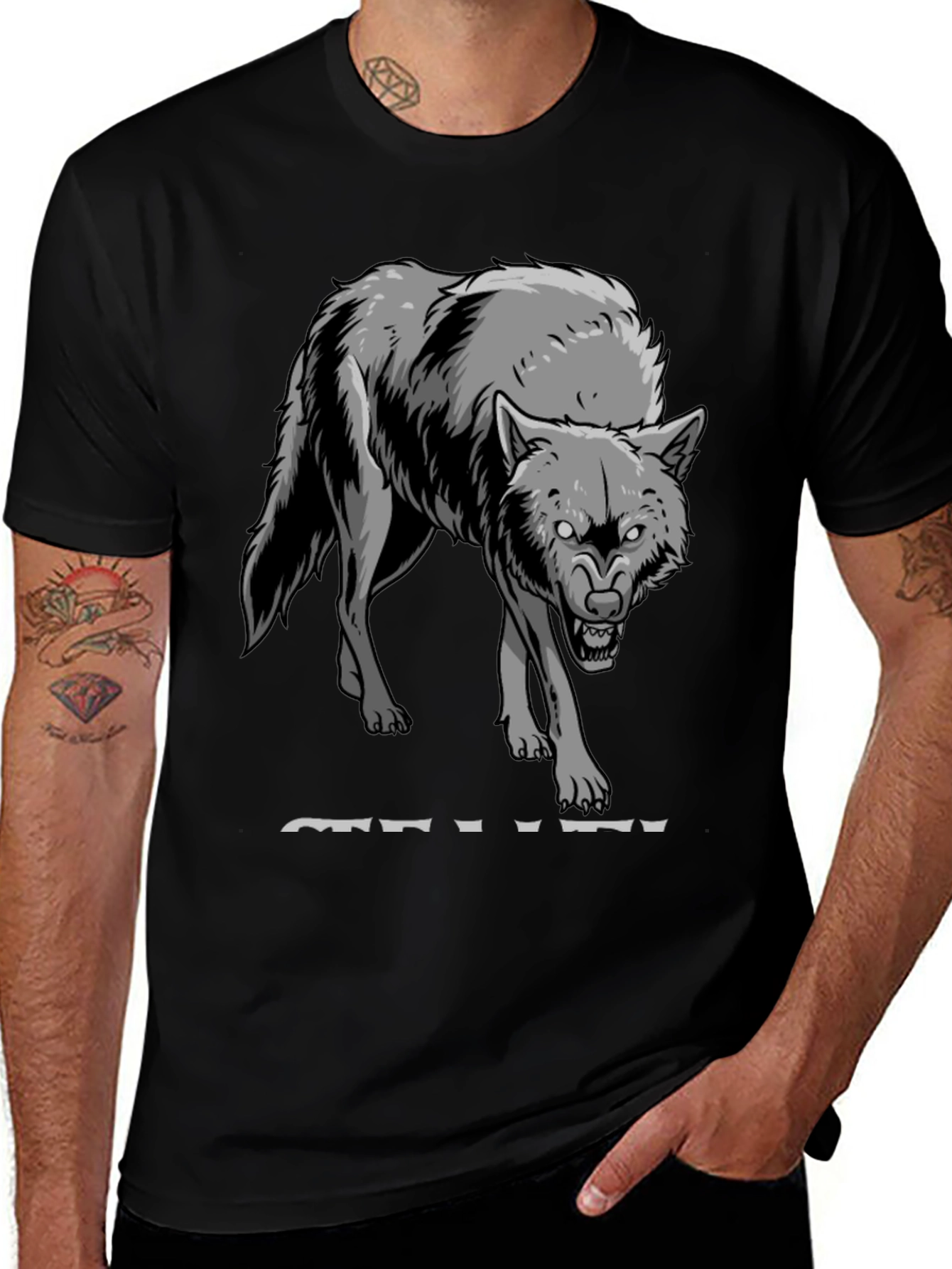 Mens Black T-Shirt with Wolf Graphic