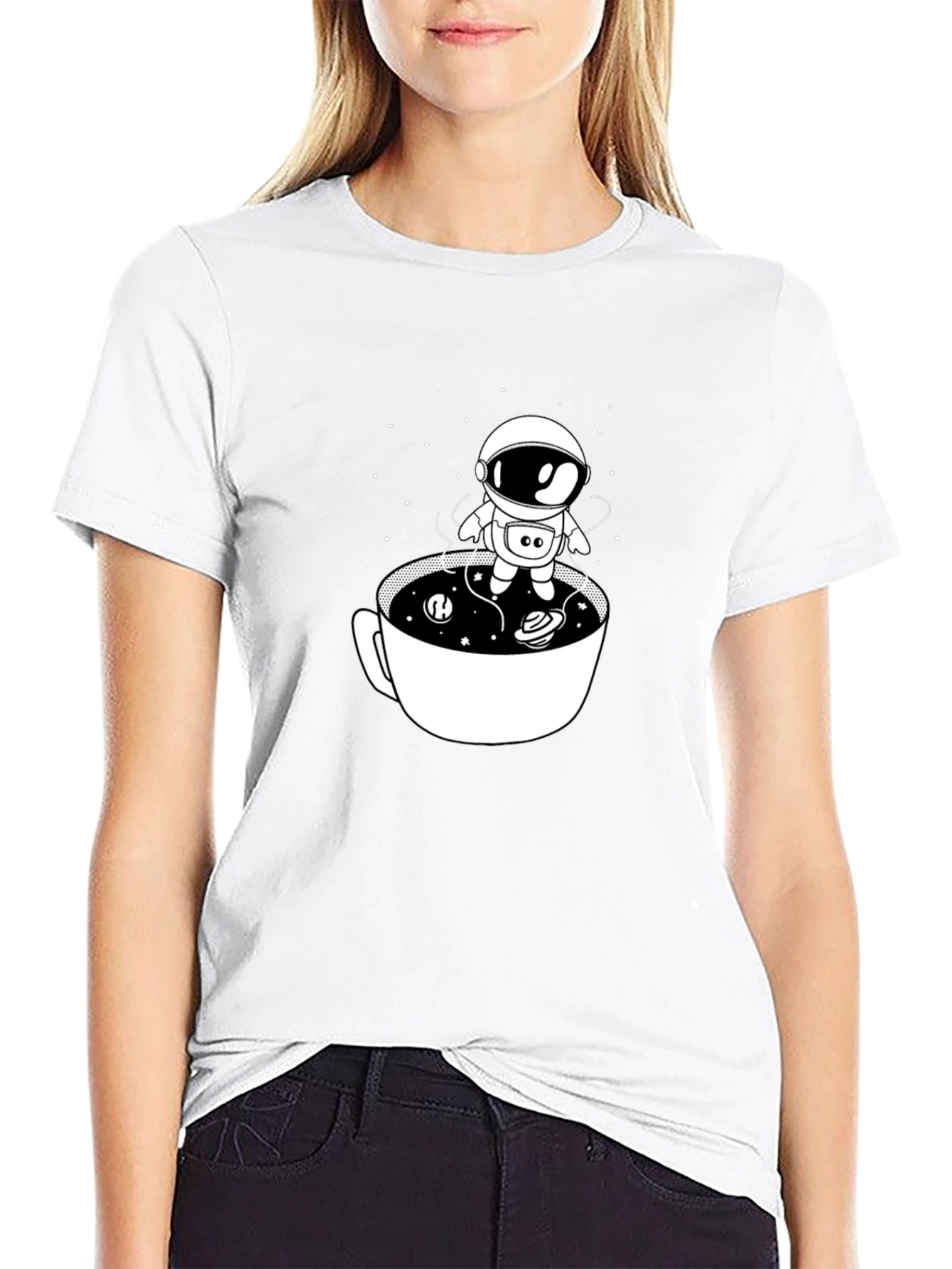 Astronaut in Coffee Cup Black T-Shirt