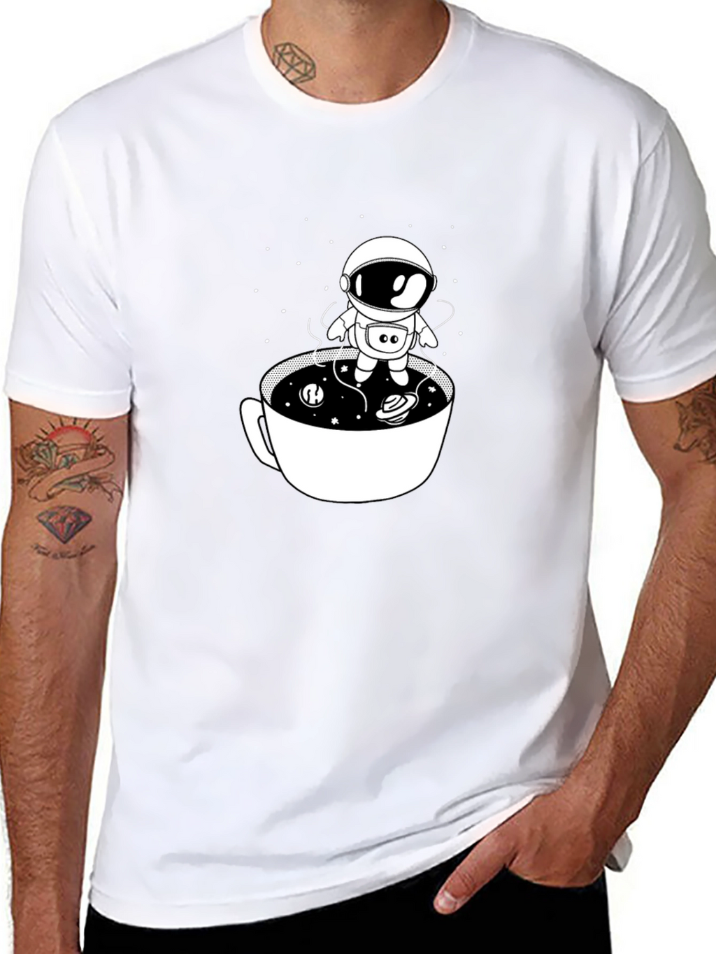 Astronaut in Coffee Cup Black T-Shirt