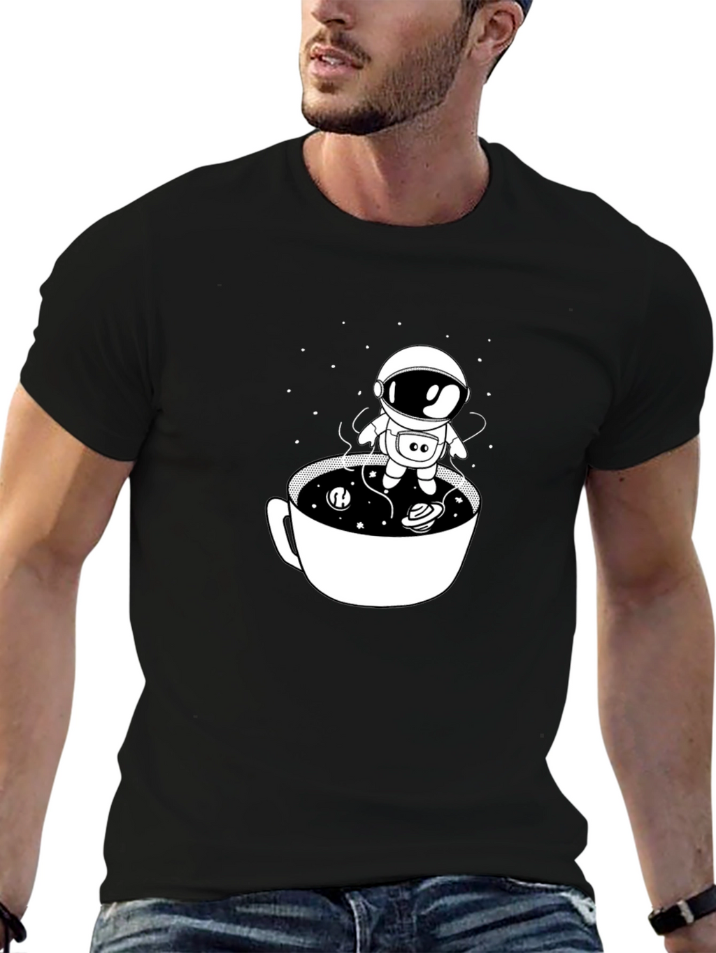 Astronaut in Coffee Cup Black T-Shirt