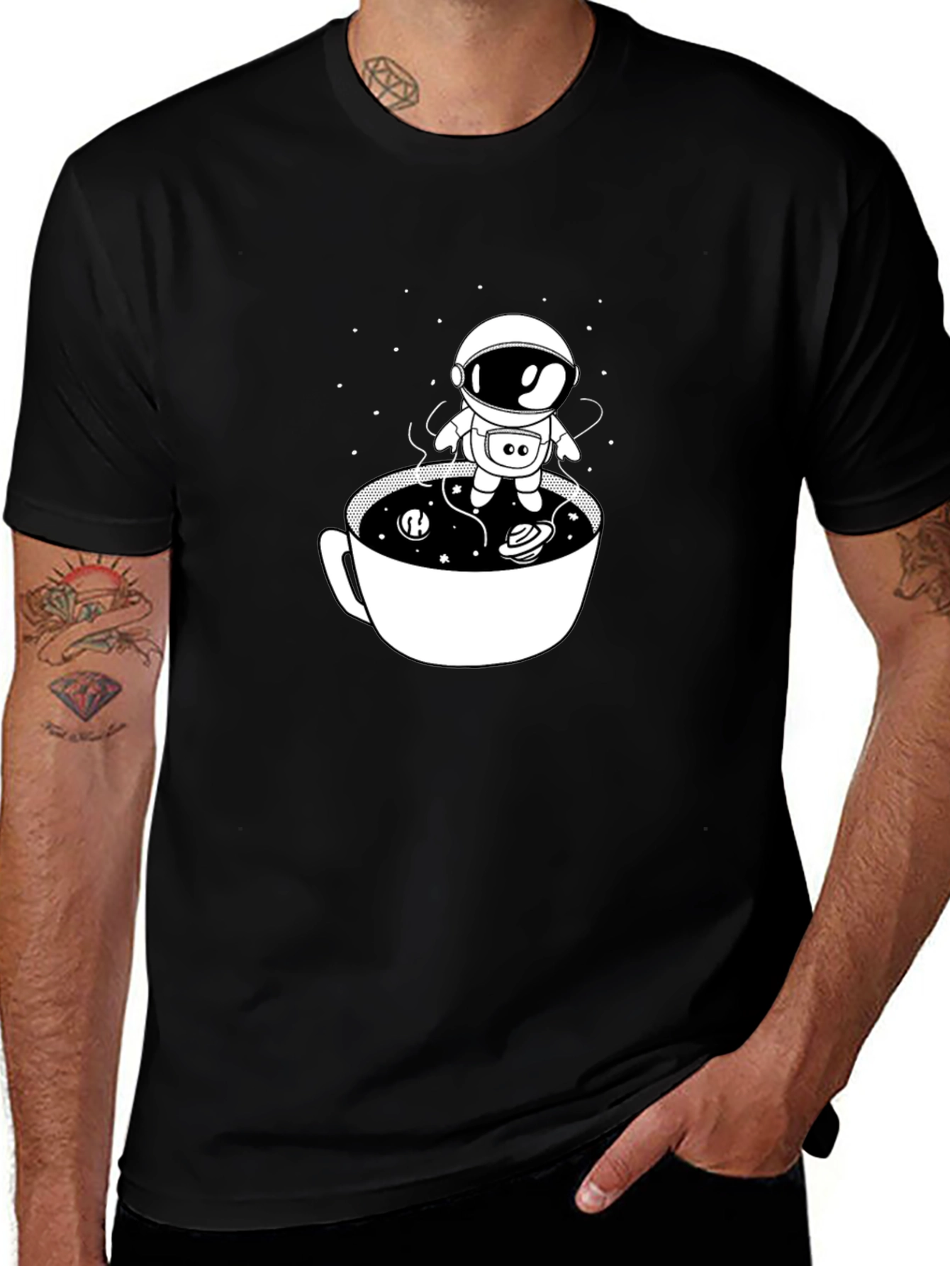Astronaut in Coffee Cup Black T-Shirt
