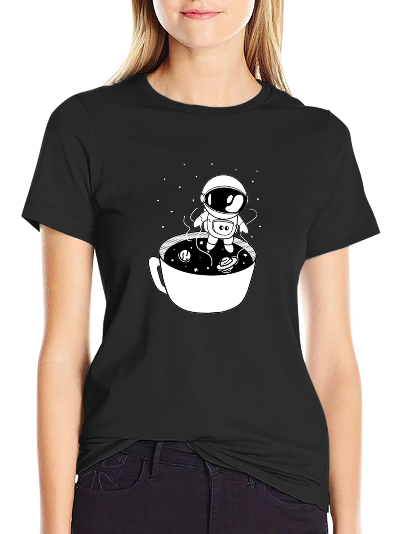 Astronaut in Coffee Cup Black T-Shirt