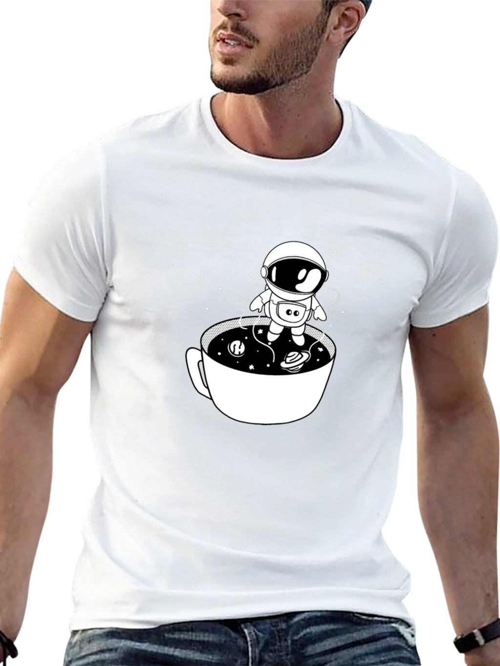 Astronaut in Coffee Cup Black T-Shirt