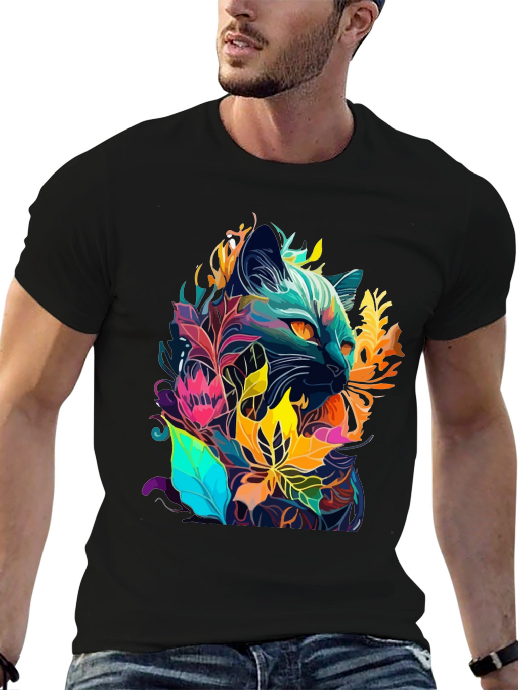 Floral Cat T-Shirt - Unique Artistic Design