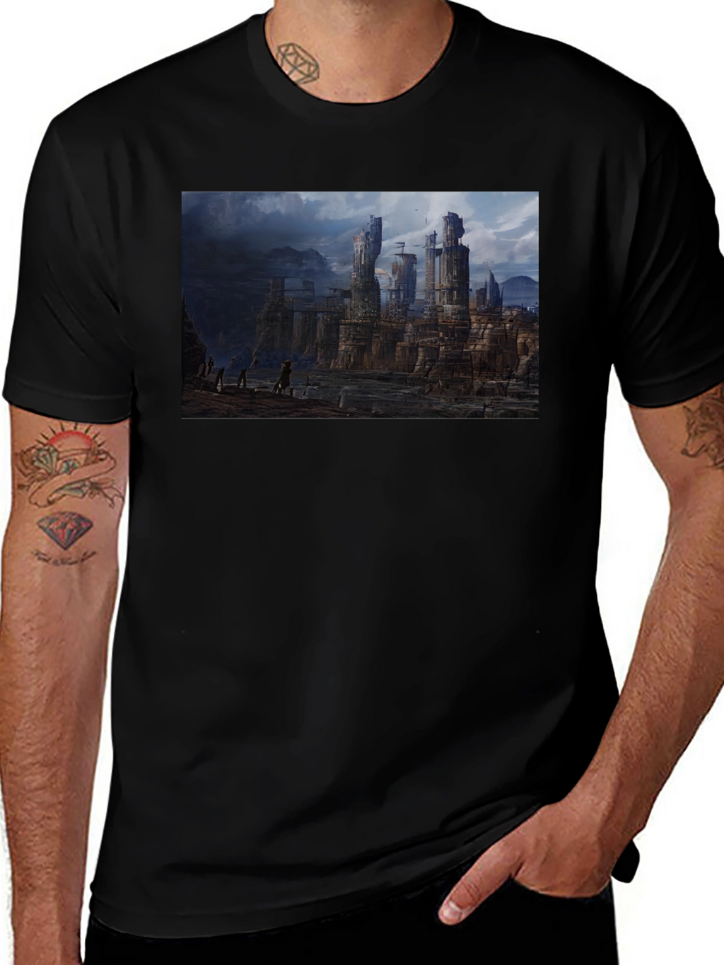 Fantasy Landscape Print Black T-Shirt