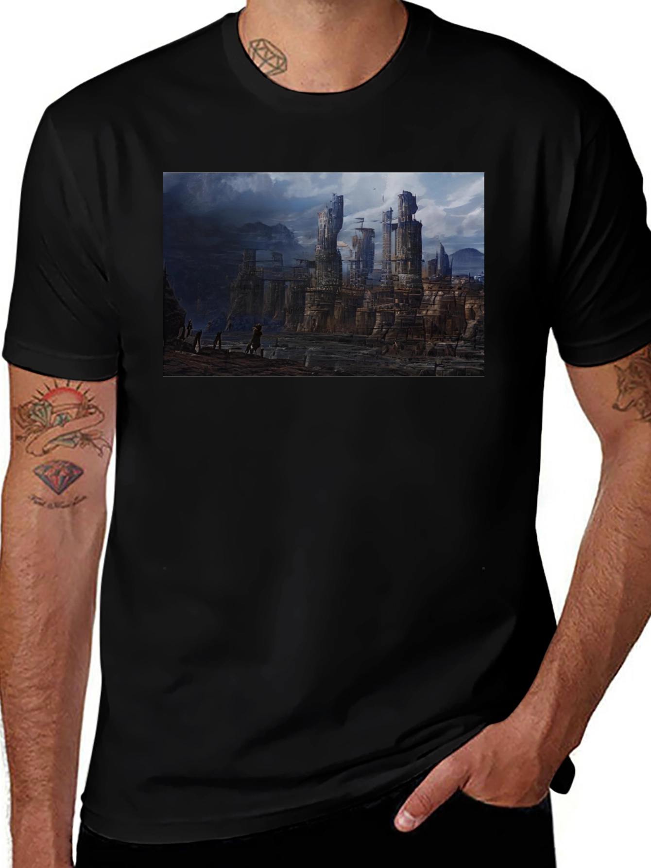 Fantasy Landscape Print Black T-Shirt