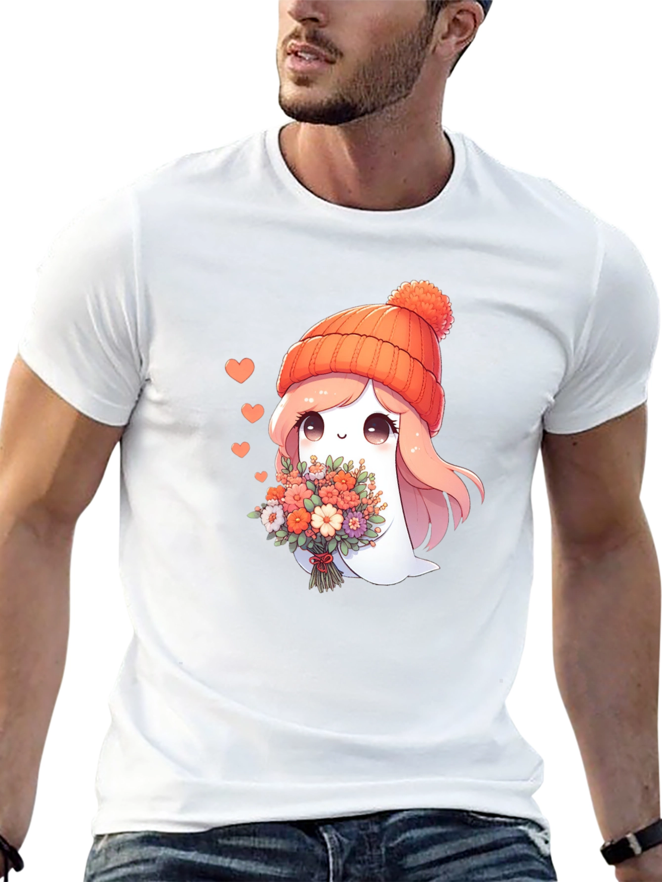 Cute Ghost with Flowers Graphic T-Shirt