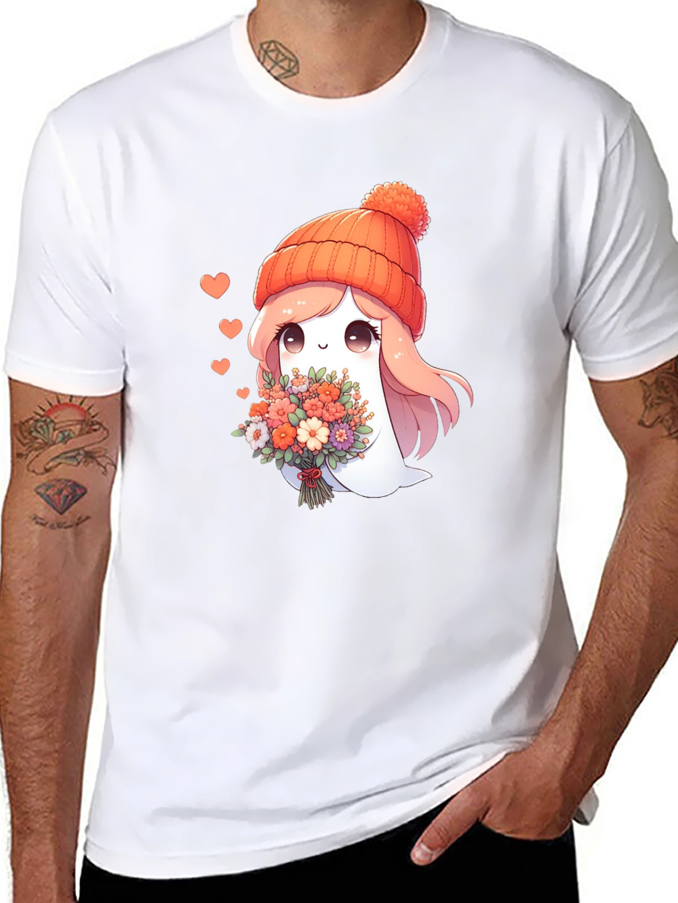 Cute Ghost with Flowers Graphic T-Shirt