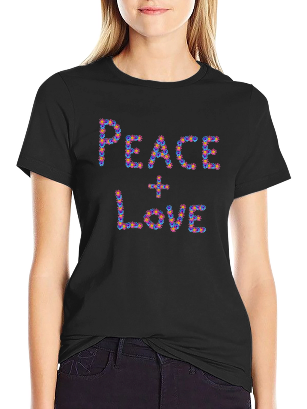 Peace & Love Floral Graphic Black T-Shirt