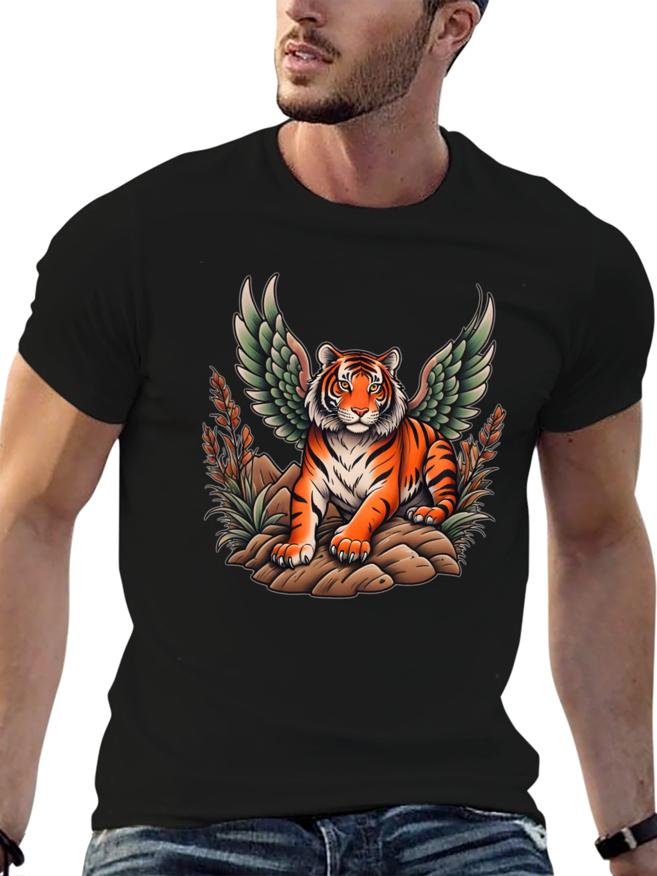 Winged Tiger Graphic Tee - Unique Black T-Shirt