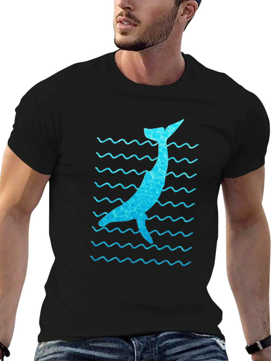Whale Wave Graphic Tee - Black Cotton Casual Shirt