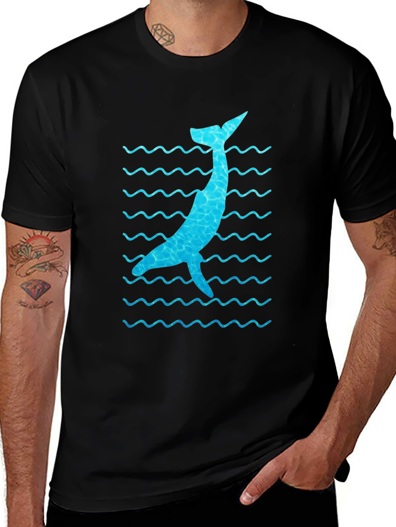 Whale Wave Graphic Tee - Black Cotton Casual Shirt