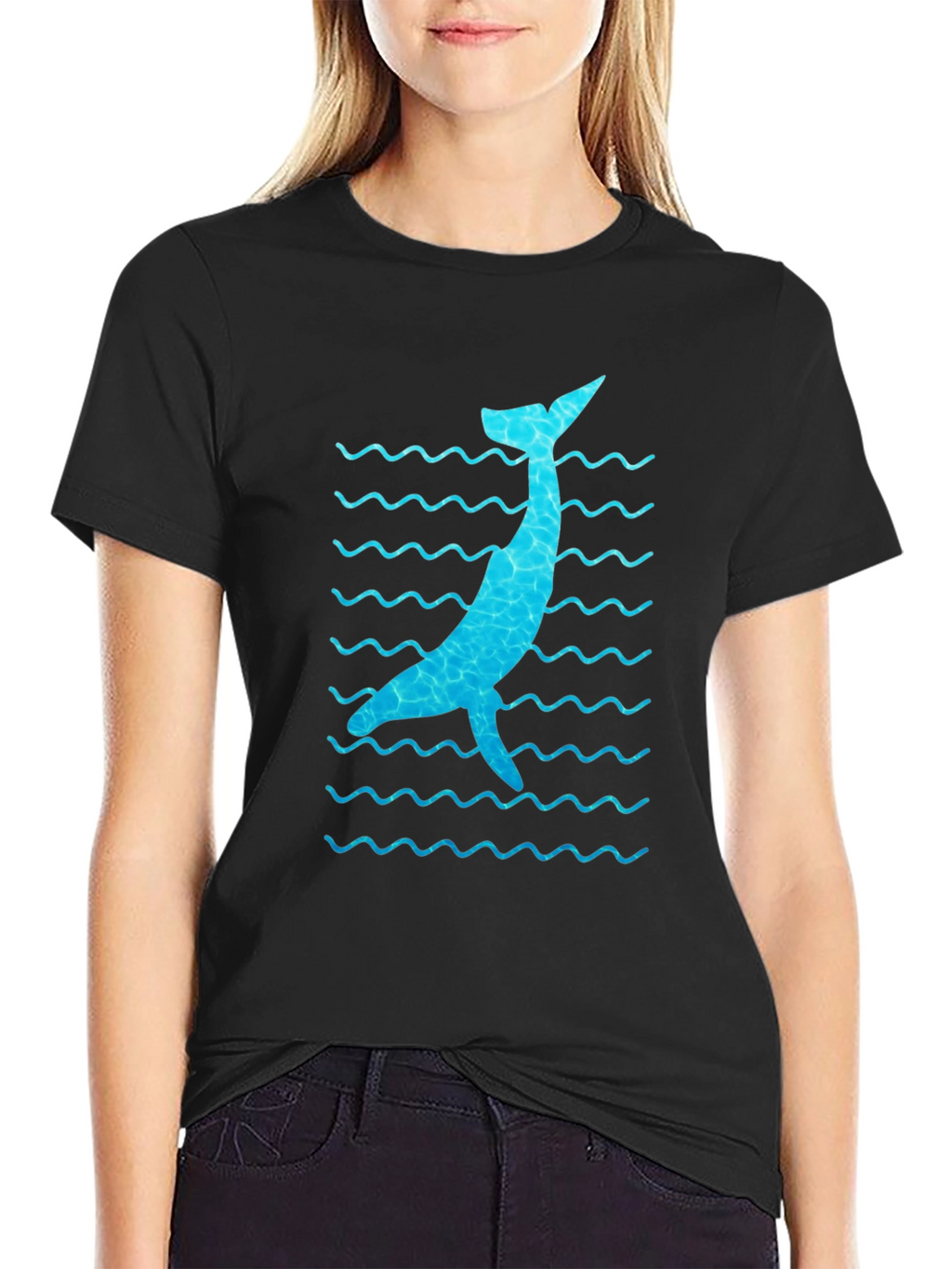 Whale Wave Graphic Tee - Black Cotton Casual Shirt