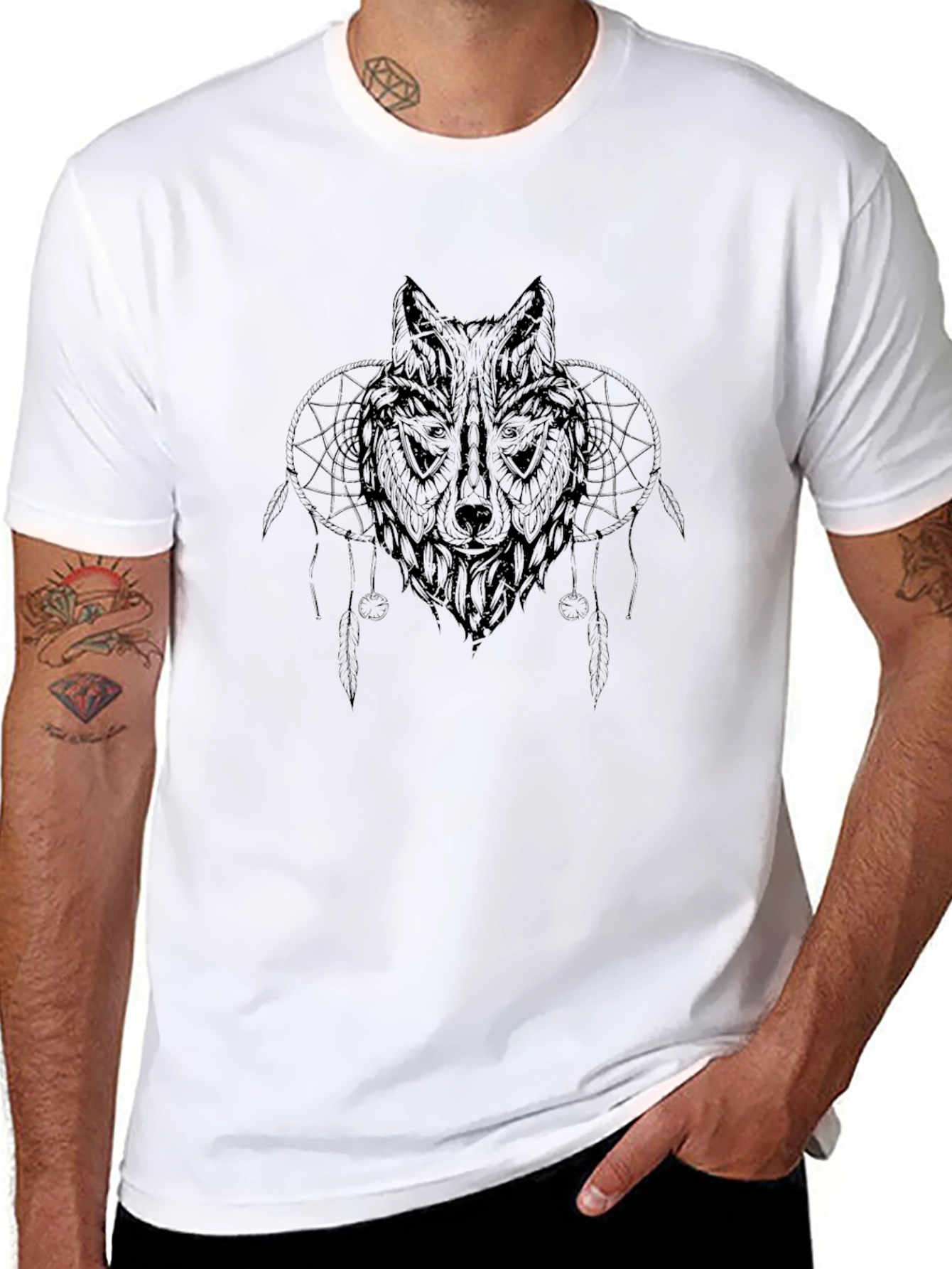 Mens Black Wolf Dreamcatcher Graphic Tee