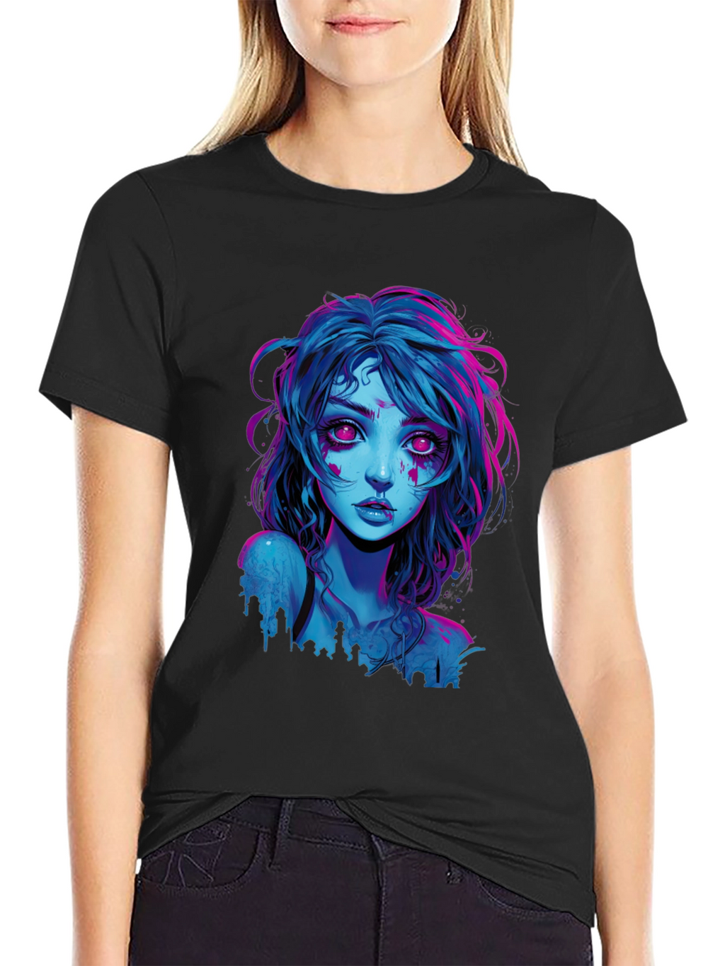 Neon Cyberpunk Girl Graphic Tee - Black Cotton
