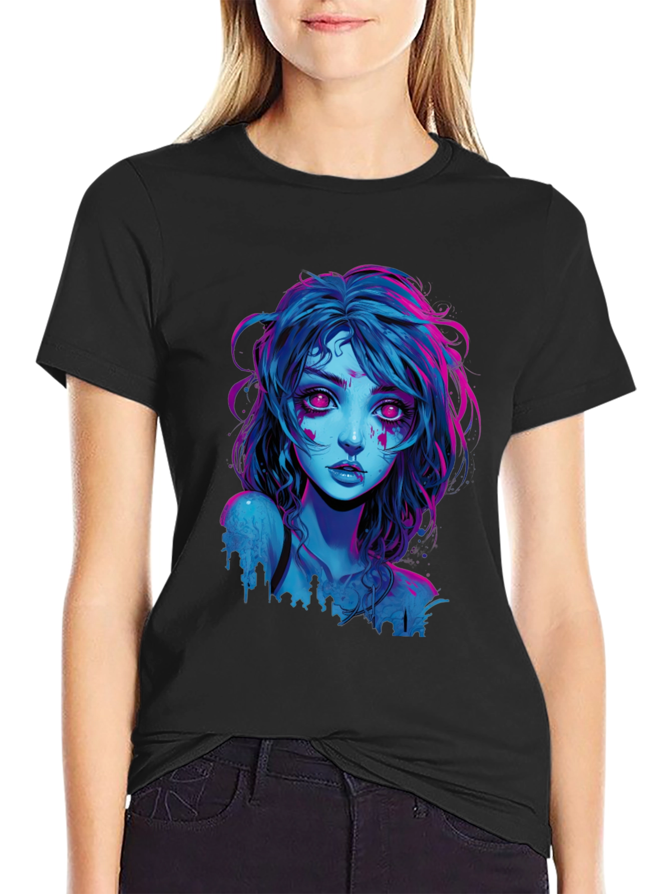 Neon Cyberpunk Girl Graphic Tee - Black Cotton