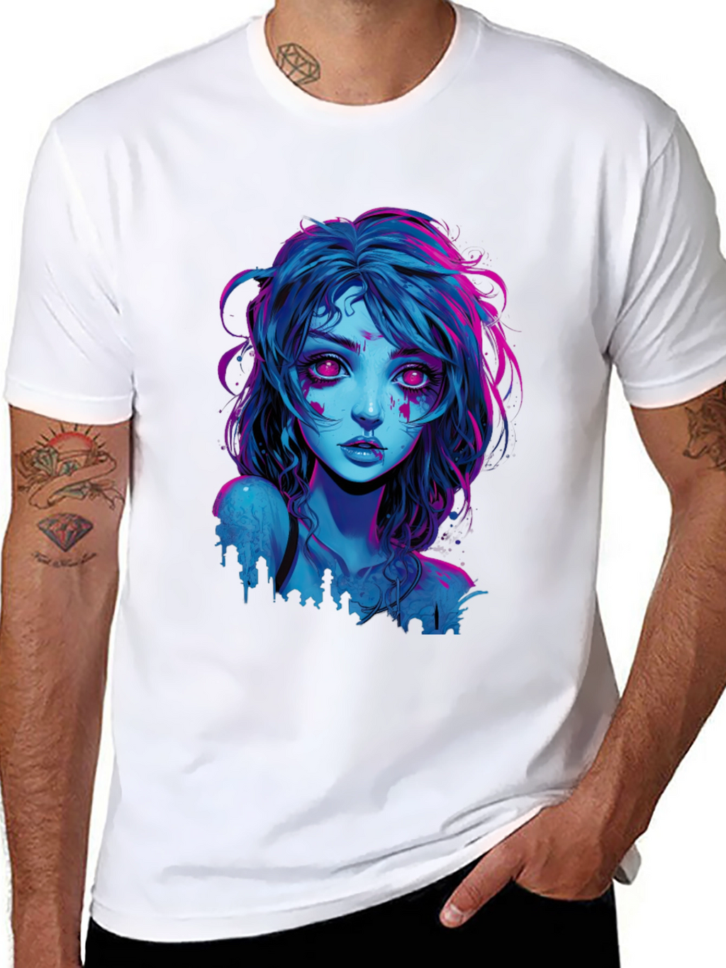 Neon Cyberpunk Girl Graphic Tee - Black Cotton