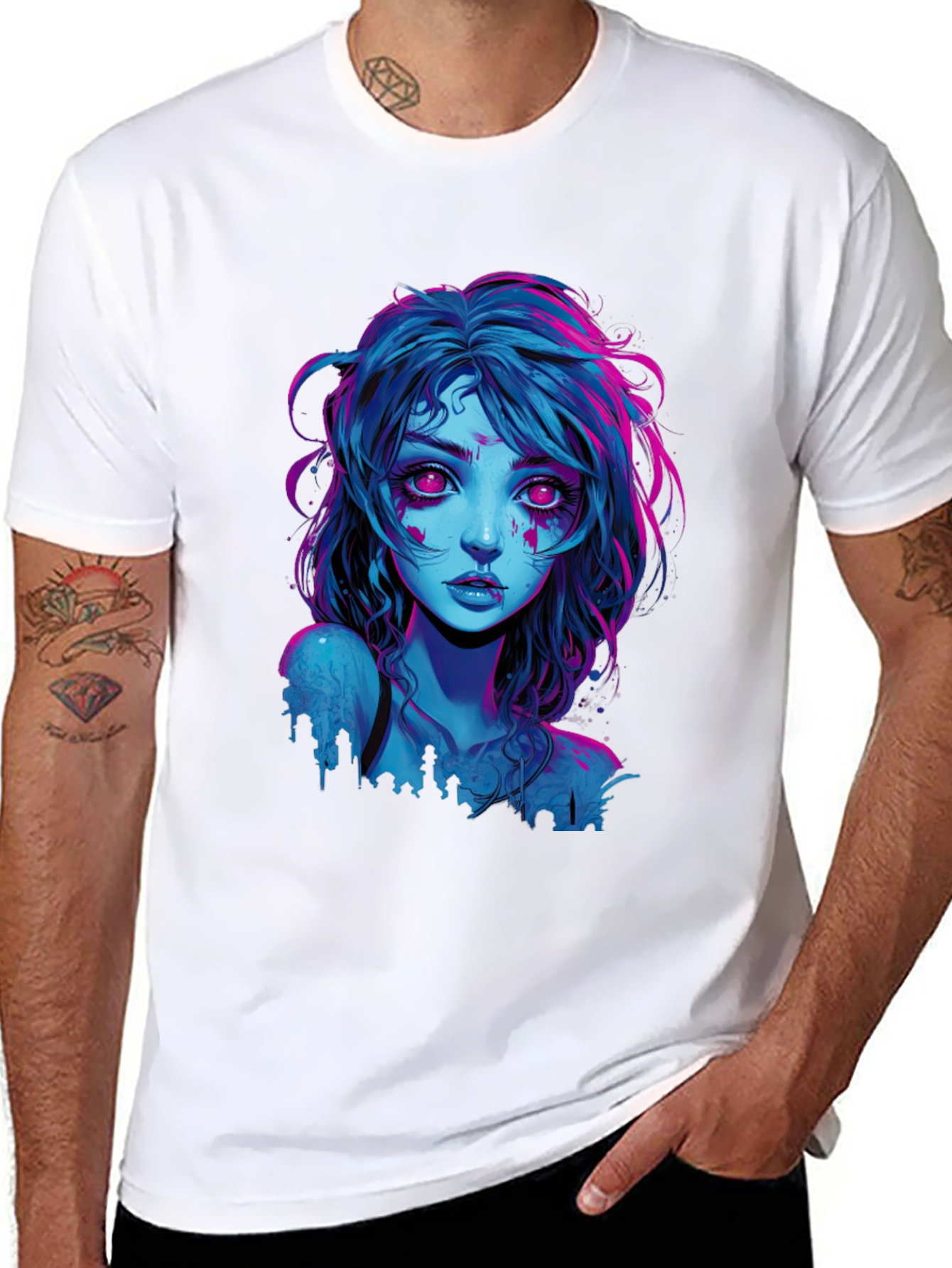 Neon Cyberpunk Girl Graphic Tee - Black Cotton
